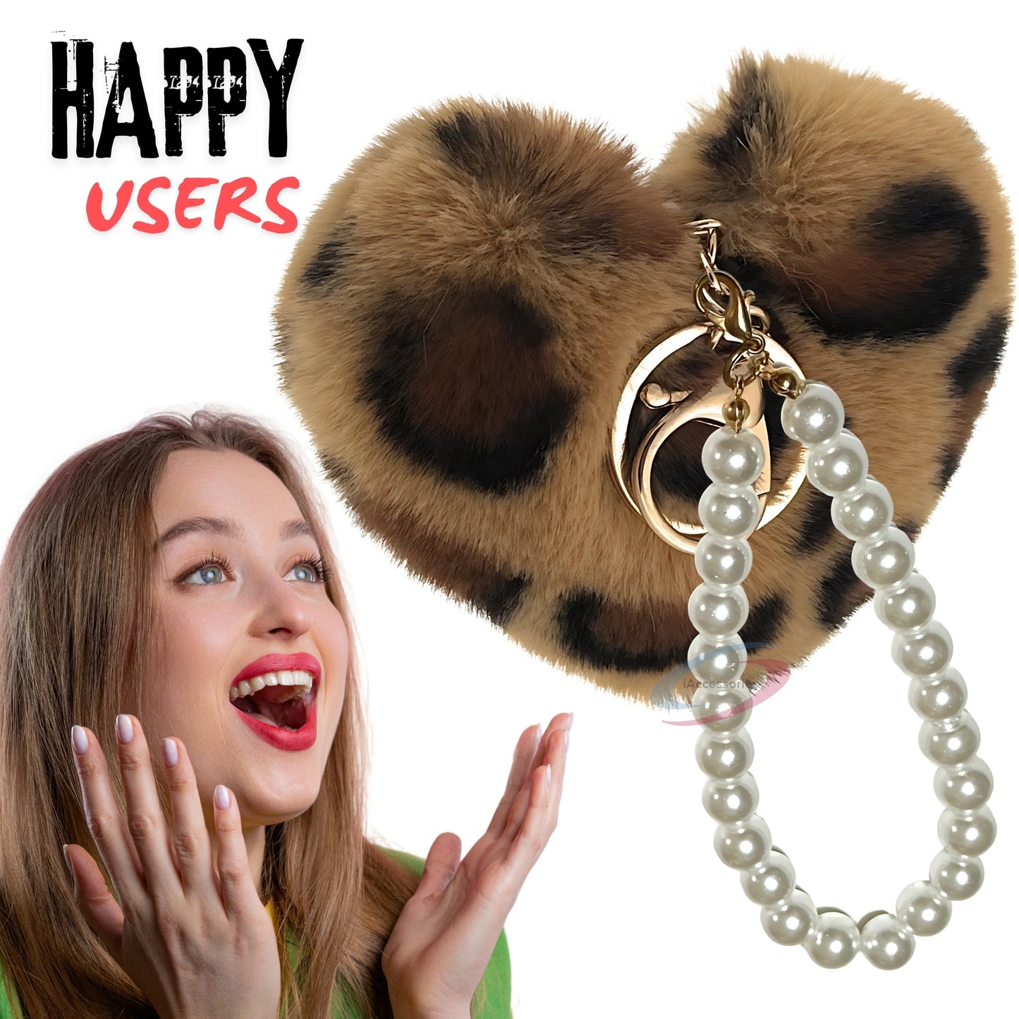 iAccessories Fluffy Faux Fur Soft Pompom Heart Keychain Charm with Pearls - Brown Lepo - iAccessories