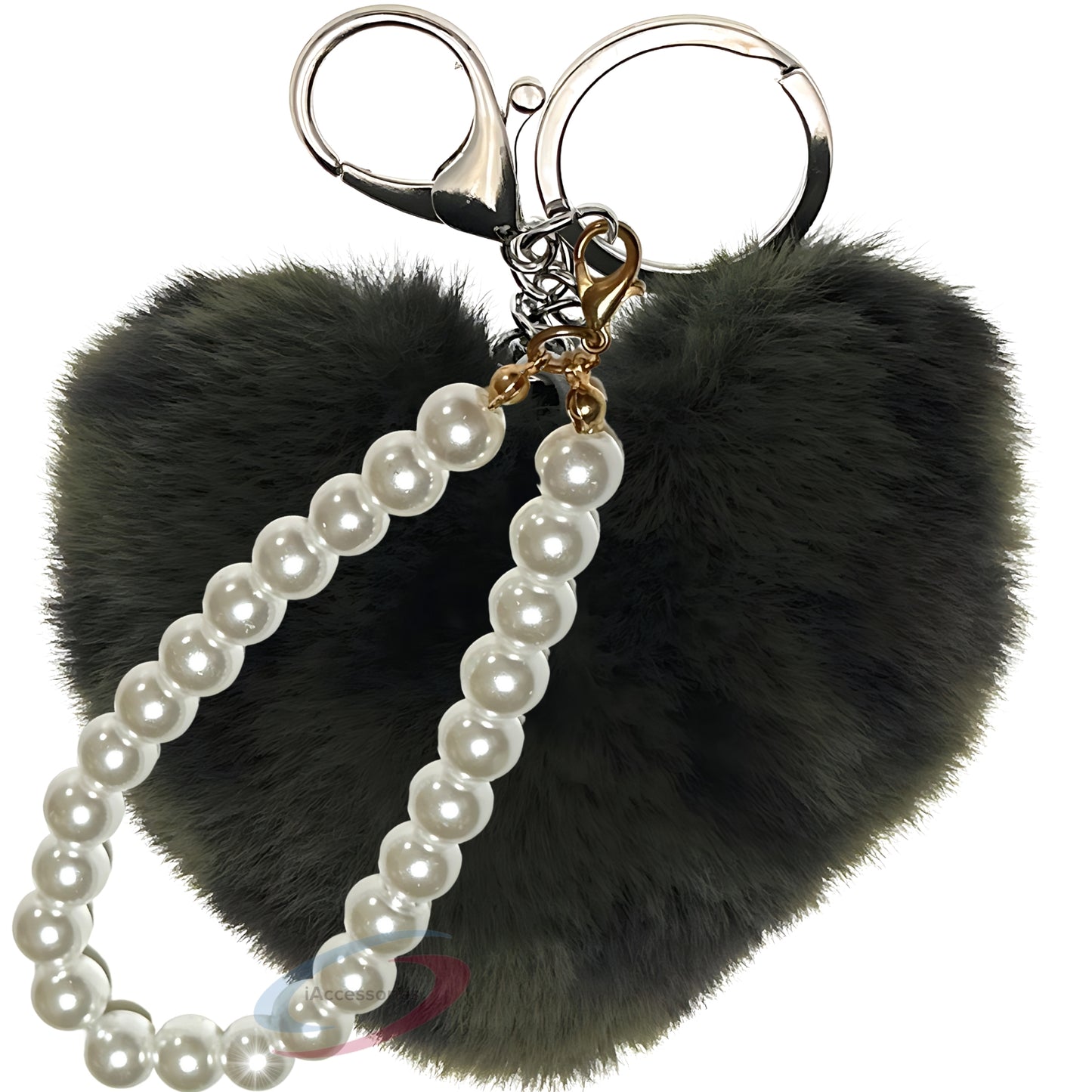 iAccessories Fluffy Faux Fur Soft Pompom Heart Keychain Charm with Pearls - Dark Green Lepo - iAccessories