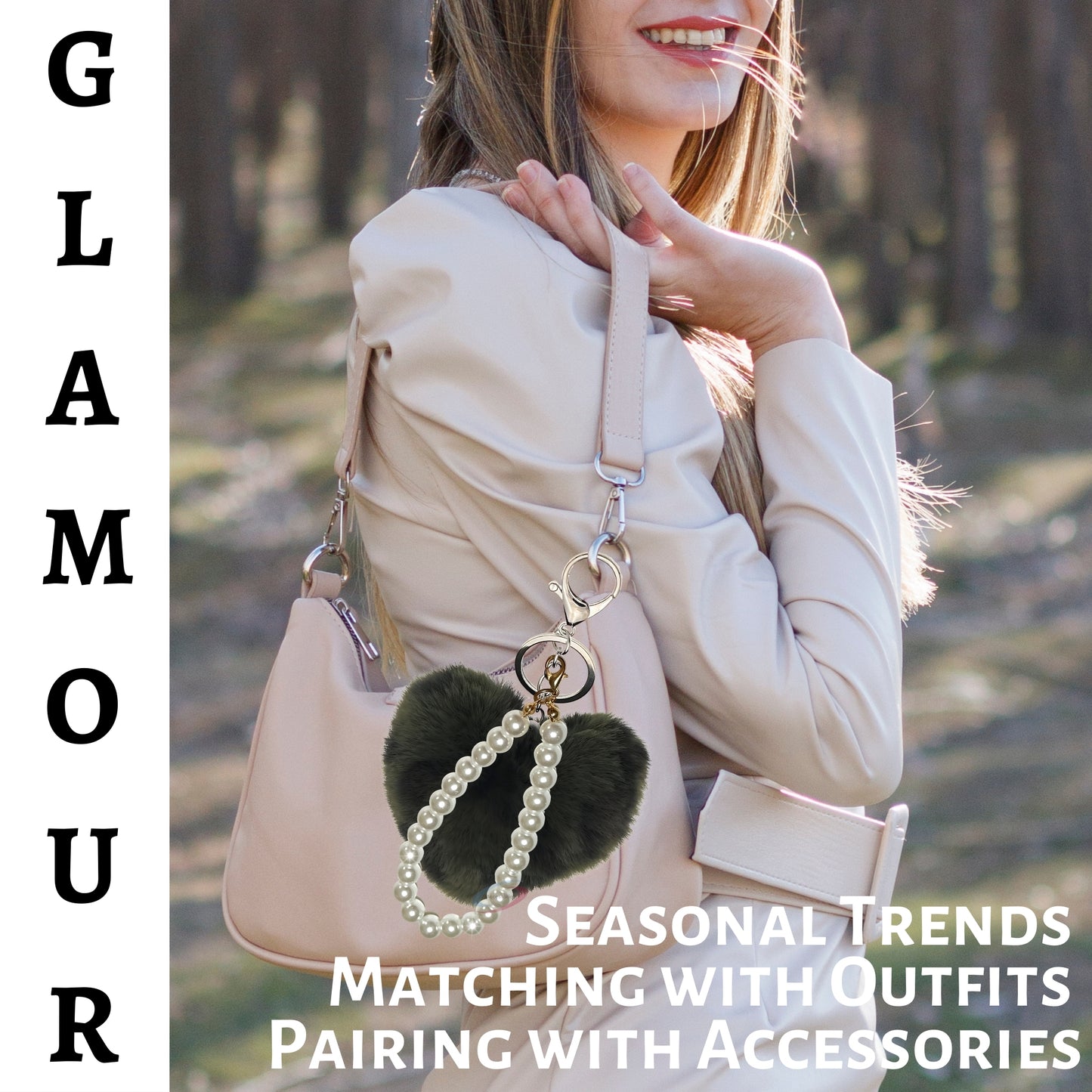 iAccessories Fluffy Faux Fur Soft Pompom Heart Keychain Charm with Pearls - Dark Green Lepo - iAccessories