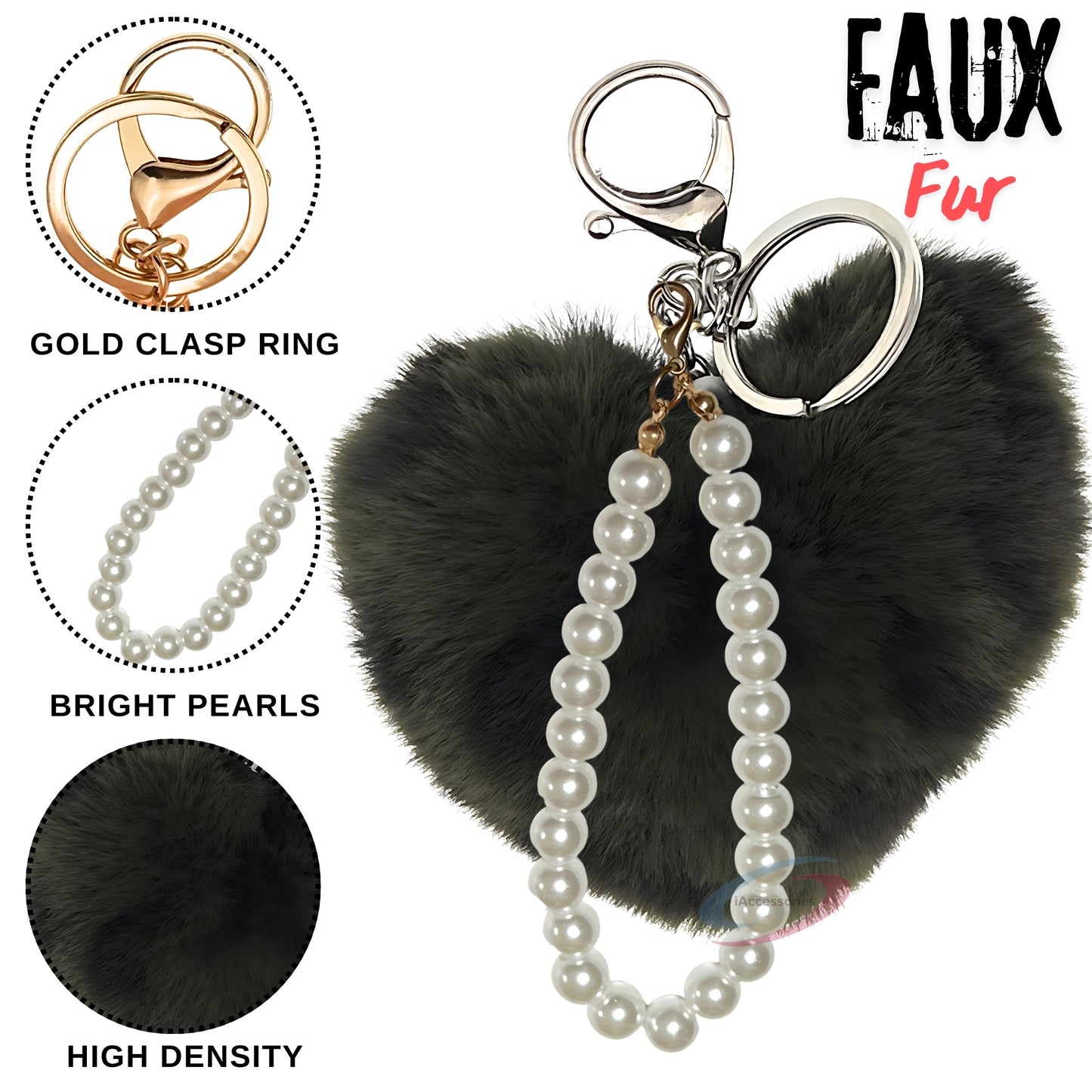 iAccessories Fluffy Faux Fur Soft Pompom Heart Keychain Charm with Pearls - Dark Green Lepo - iAccessories