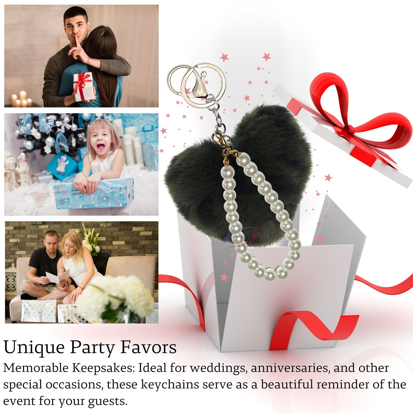 iAccessories Fluffy Faux Fur Soft Pompom Heart Keychain Charm with Pearls - Dark Green Lepo - iAccessories