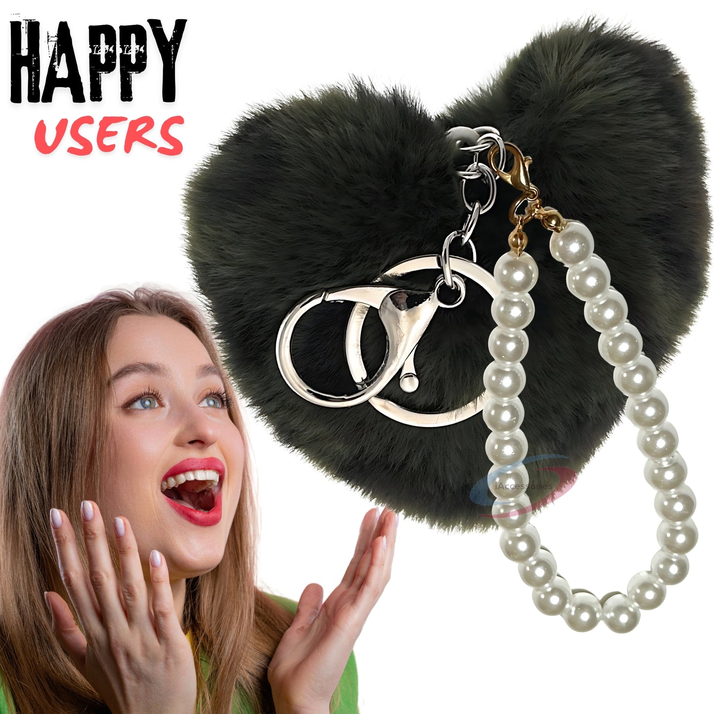 iAccessories Fluffy Faux Fur Soft Pompom Heart Keychain Charm with Pearls - Dark Green Lepo - iAccessories