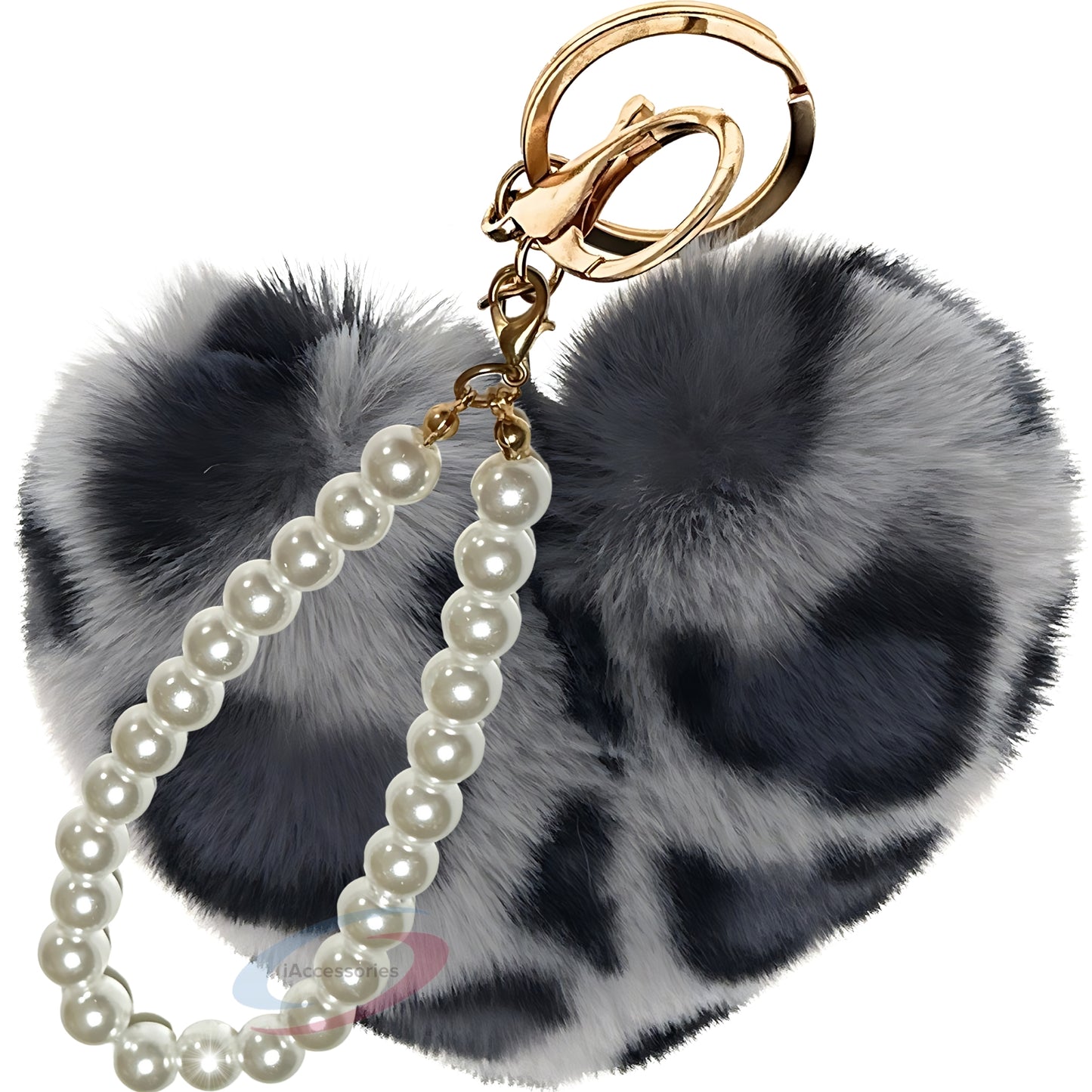 iAccessories Fluffy Faux Fur Soft Pompom Heart Keychain Charm with Pearls - Grey Lepo - iAccessories