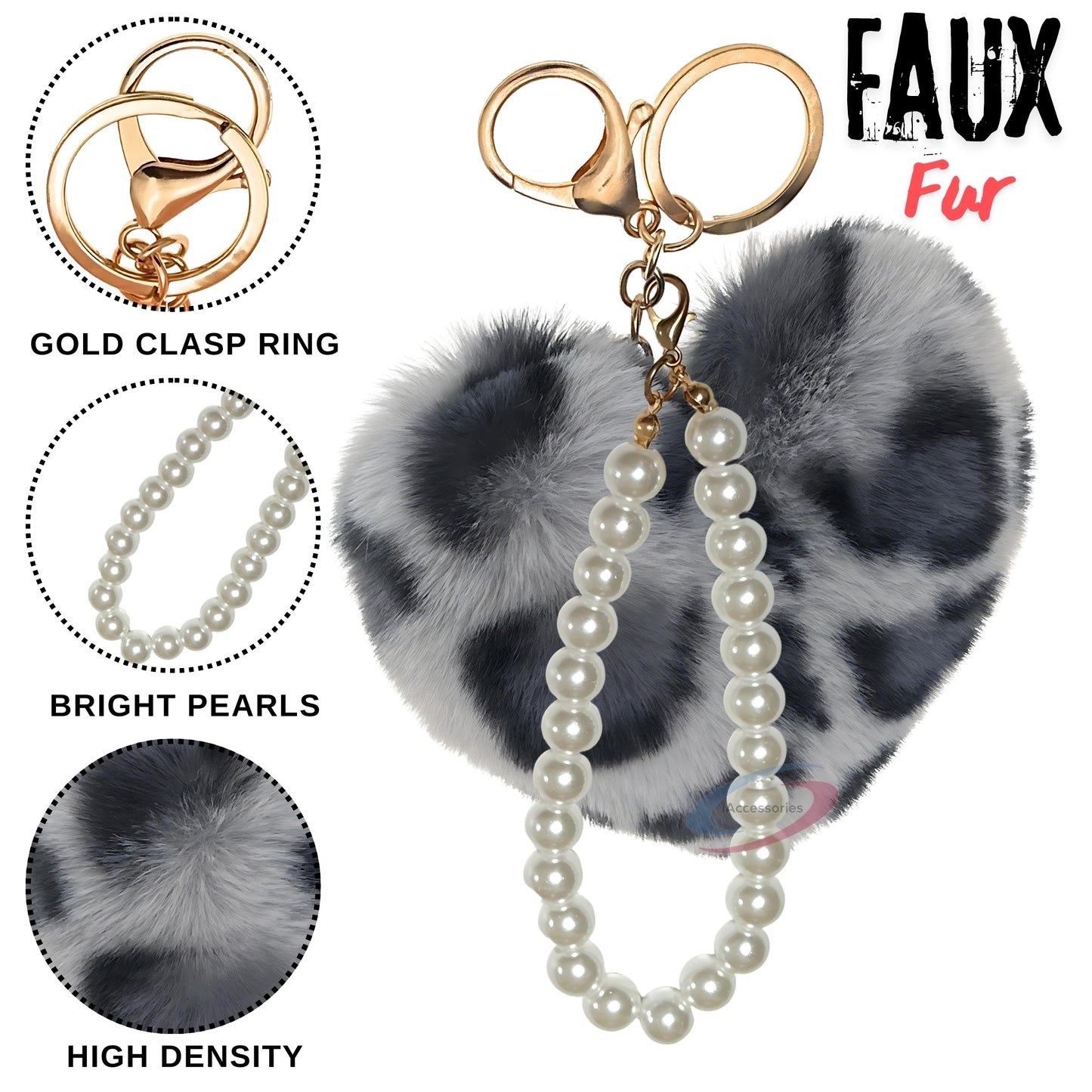 iAccessories Fluffy Faux Fur Soft Pompom Heart Keychain Charm with Pearls - Grey Lepo - iAccessories