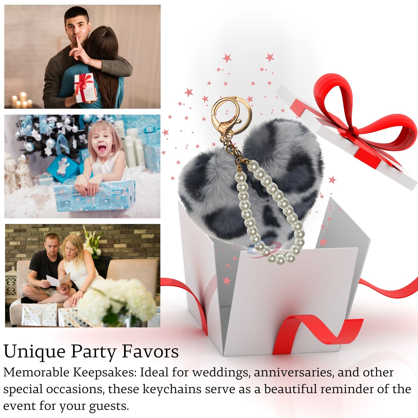 iAccessories Fluffy Faux Fur Soft Pompom Heart Keychain Charm with Pearls - Grey Lepo - iAccessories