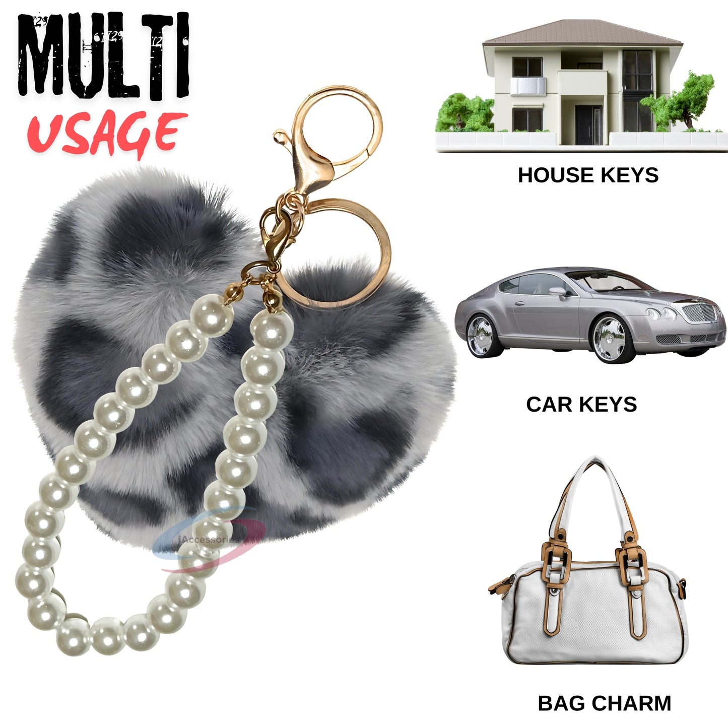 iAccessories Fluffy Faux Fur Soft Pompom Heart Keychain Charm with Pearls - Grey Lepo - iAccessories