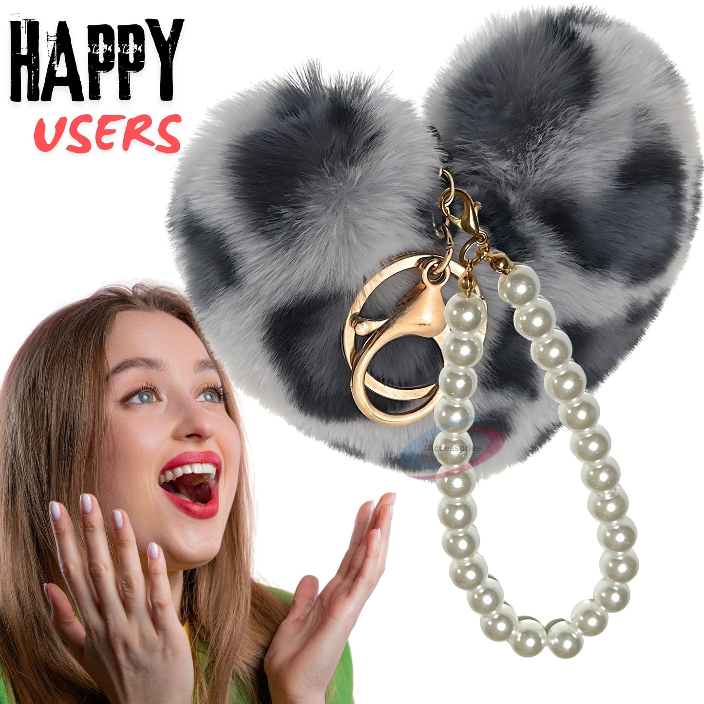 iAccessories Fluffy Faux Fur Soft Pompom Heart Keychain Charm with Pearls - Grey Lepo - iAccessories