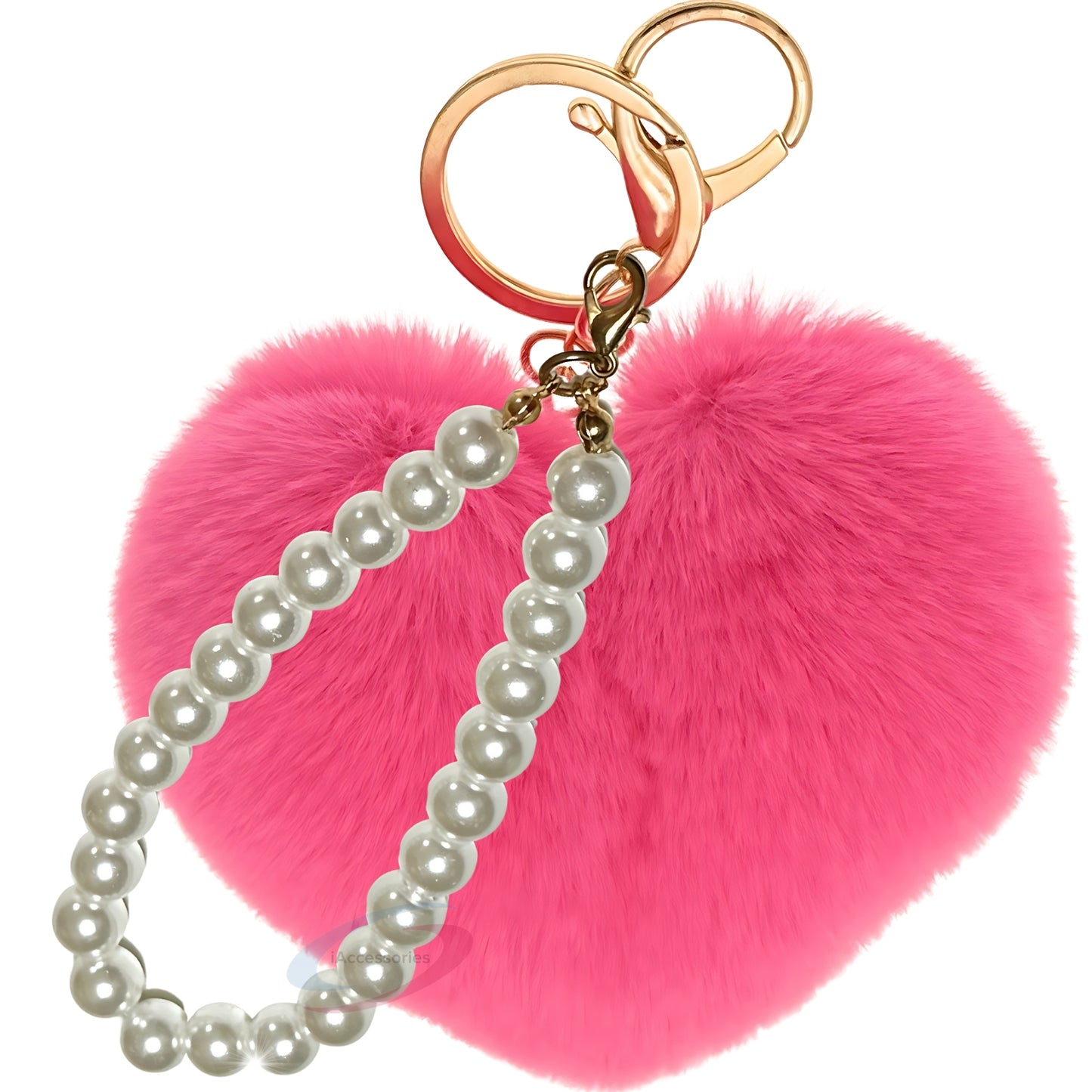 iAccessories Fluffy Faux Fur Soft Pompom Heart Keychain Charm with Pearls - Hot Pink - iAccessories