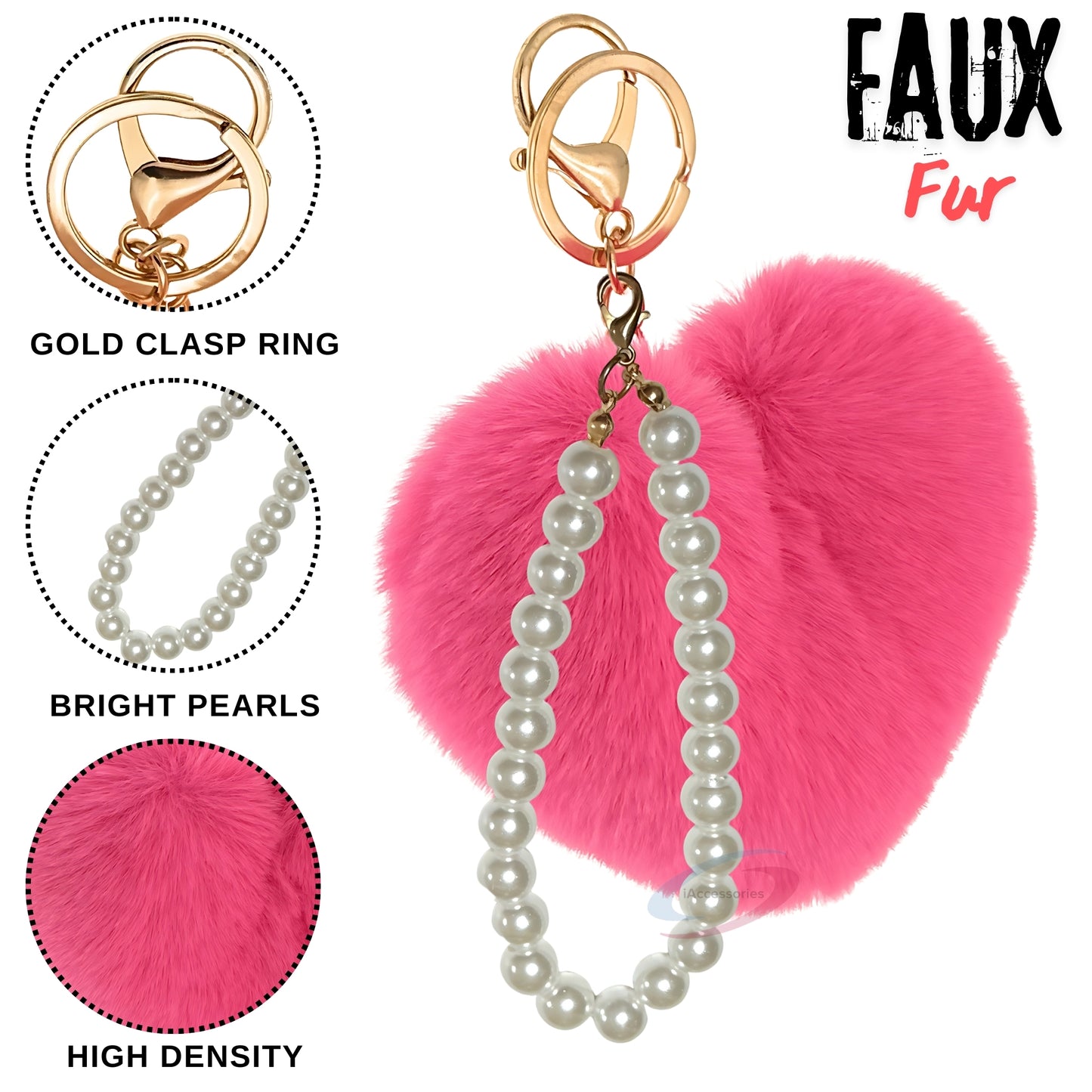 iAccessories Fluffy Faux Fur Soft Pompom Heart Keychain Charm with Pearls - Hot Pink - iAccessories