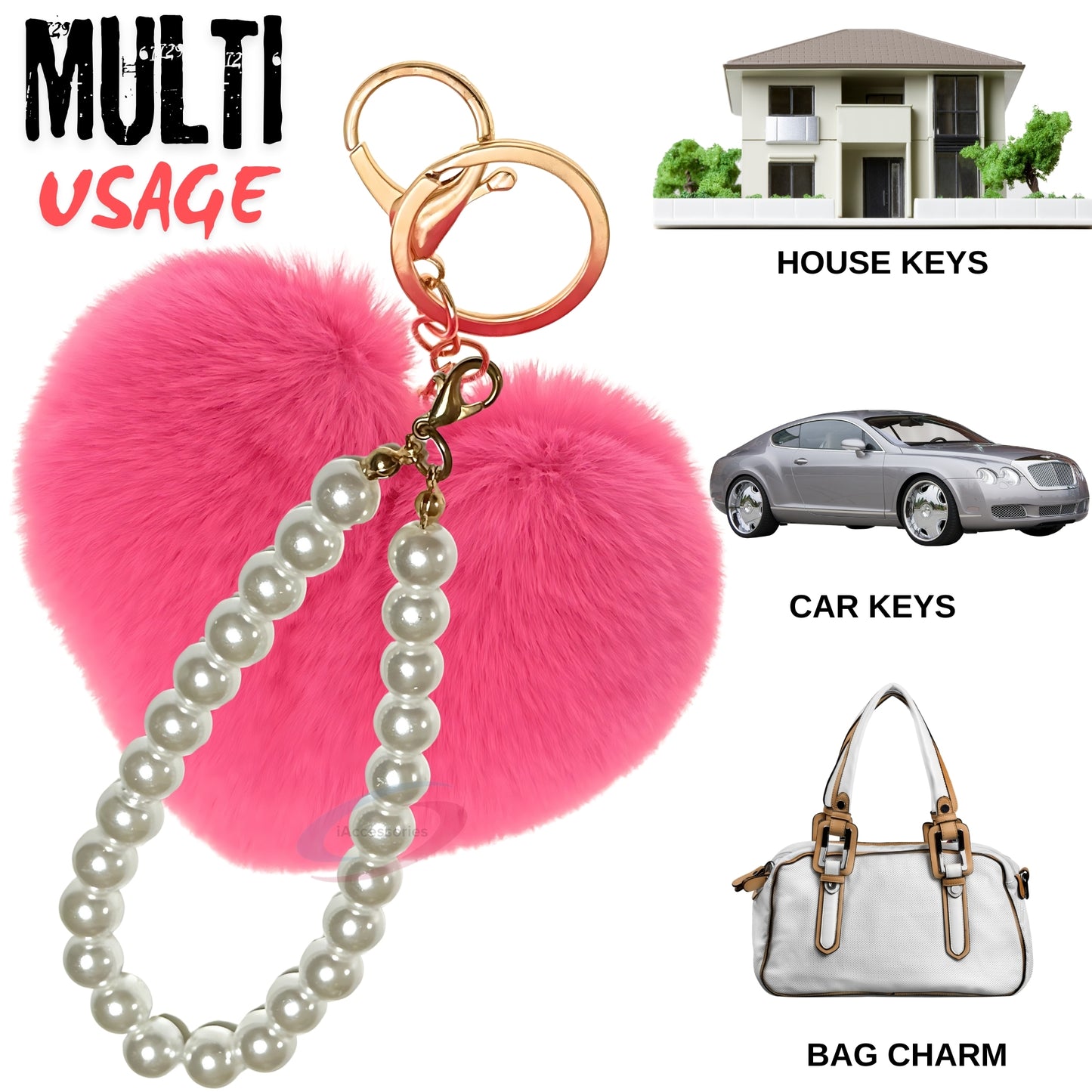 iAccessories Fluffy Faux Fur Soft Pompom Heart Keychain Charm with Pearls - Hot Pink - iAccessories