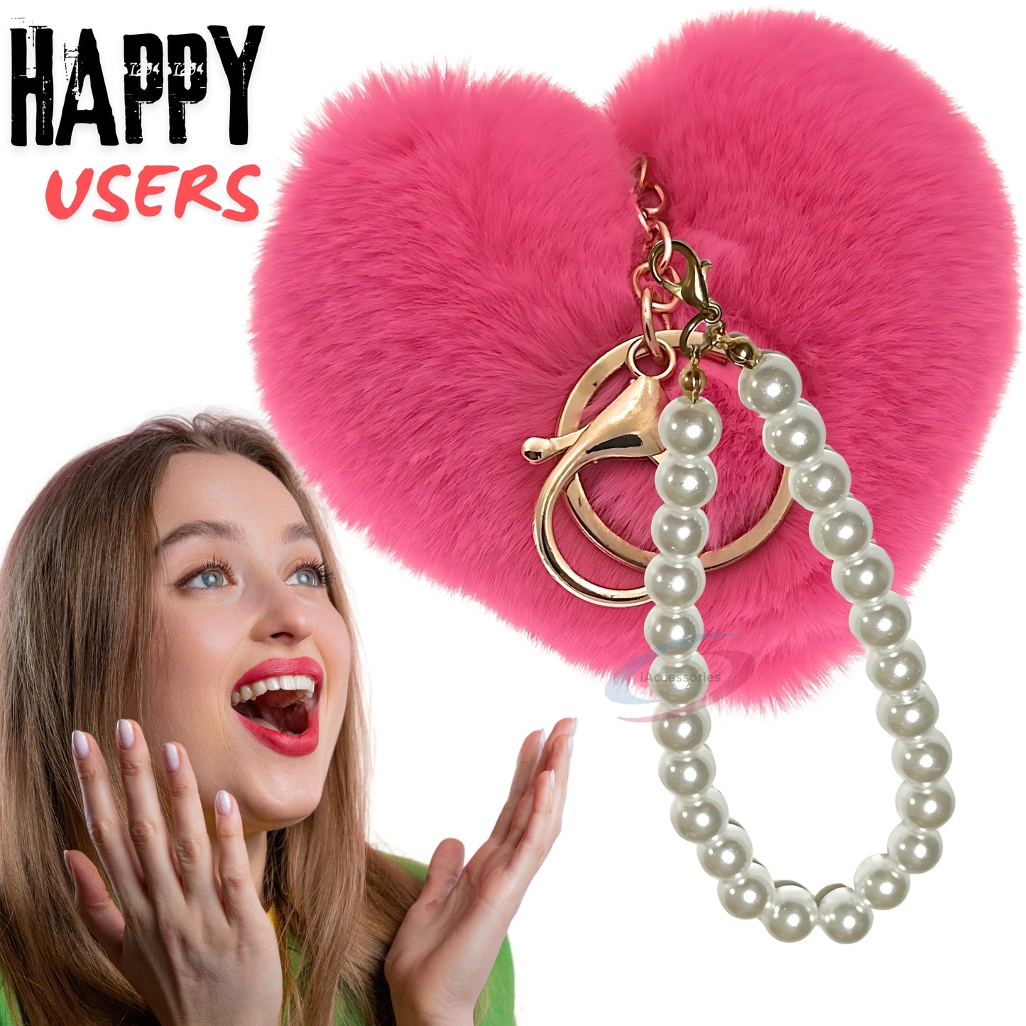 iAccessories Fluffy Faux Fur Soft Pompom Heart Keychain Charm with Pearls - Hot Pink - iAccessories