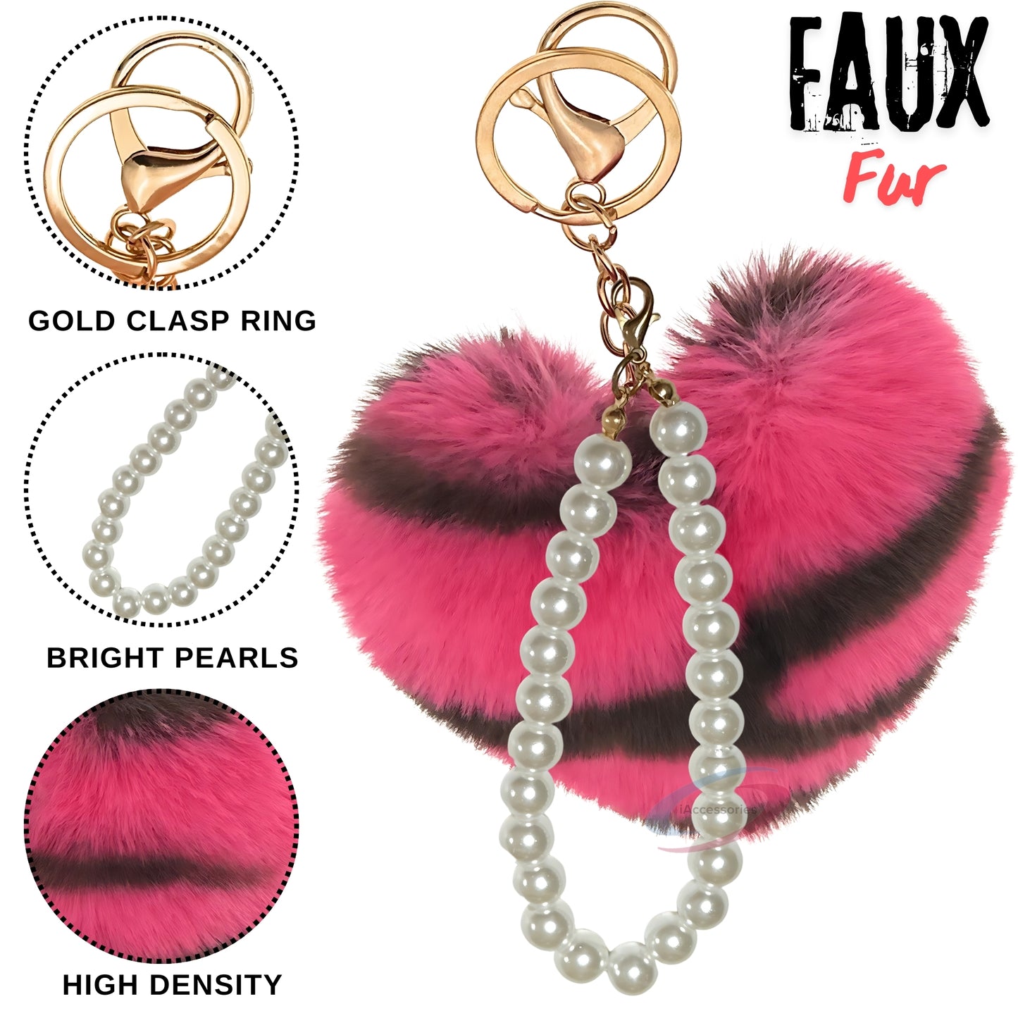 iAccessories Fluffy Faux Fur Soft Pompom Heart Keychain Charm with Pearls - Hot Pink Lepo - iAccessories