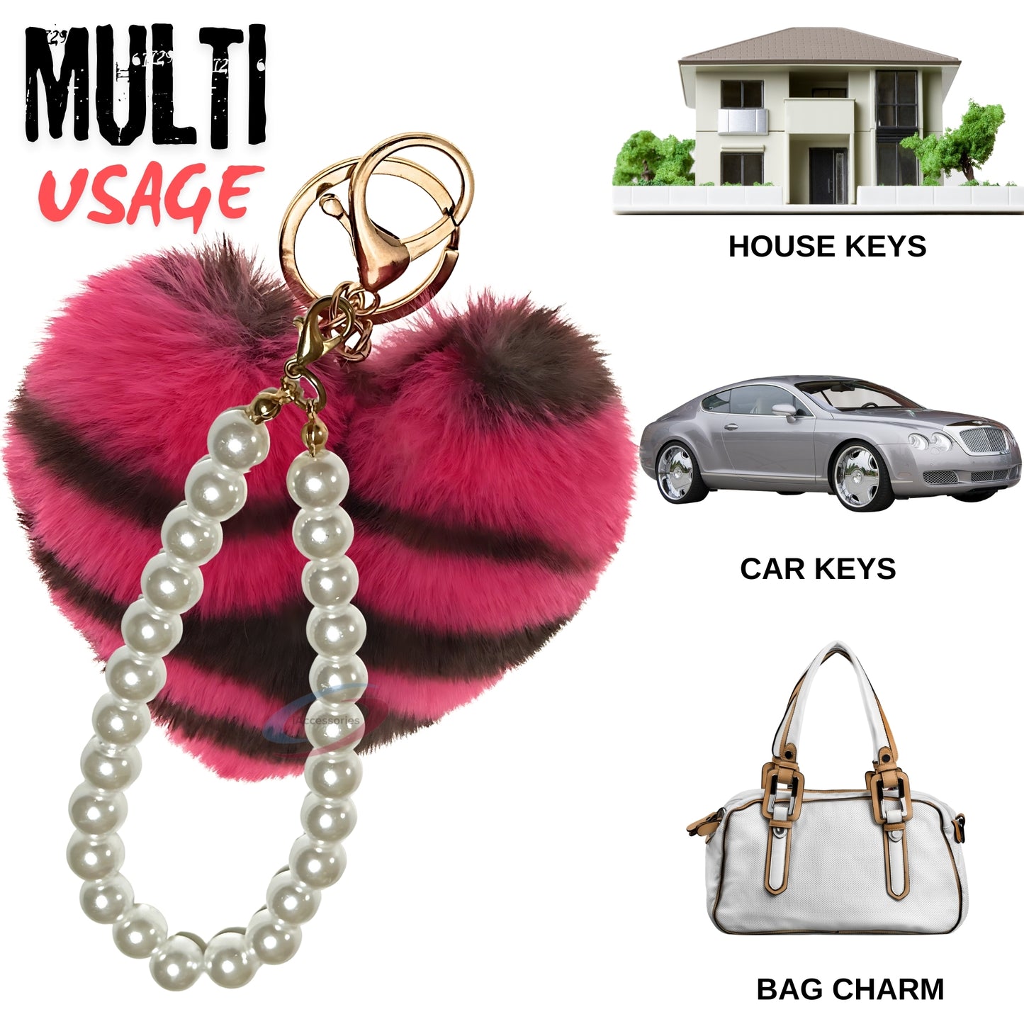 iAccessories Fluffy Faux Fur Soft Pompom Heart Keychain Charm with Pearls - Hot Pink Lepo - iAccessories