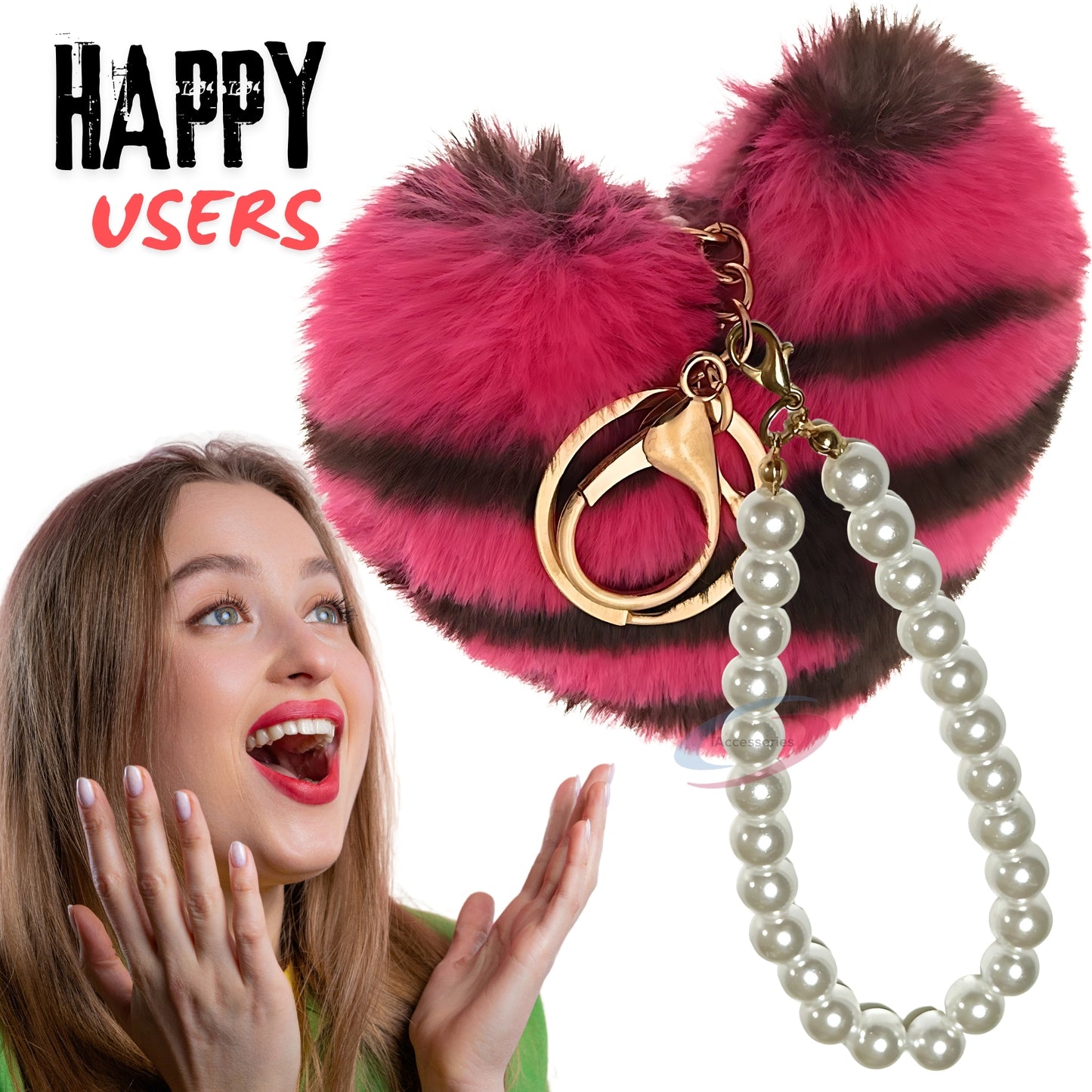 iAccessories Fluffy Faux Fur Soft Pompom Heart Keychain Charm with Pearls - Hot Pink Lepo - iAccessories