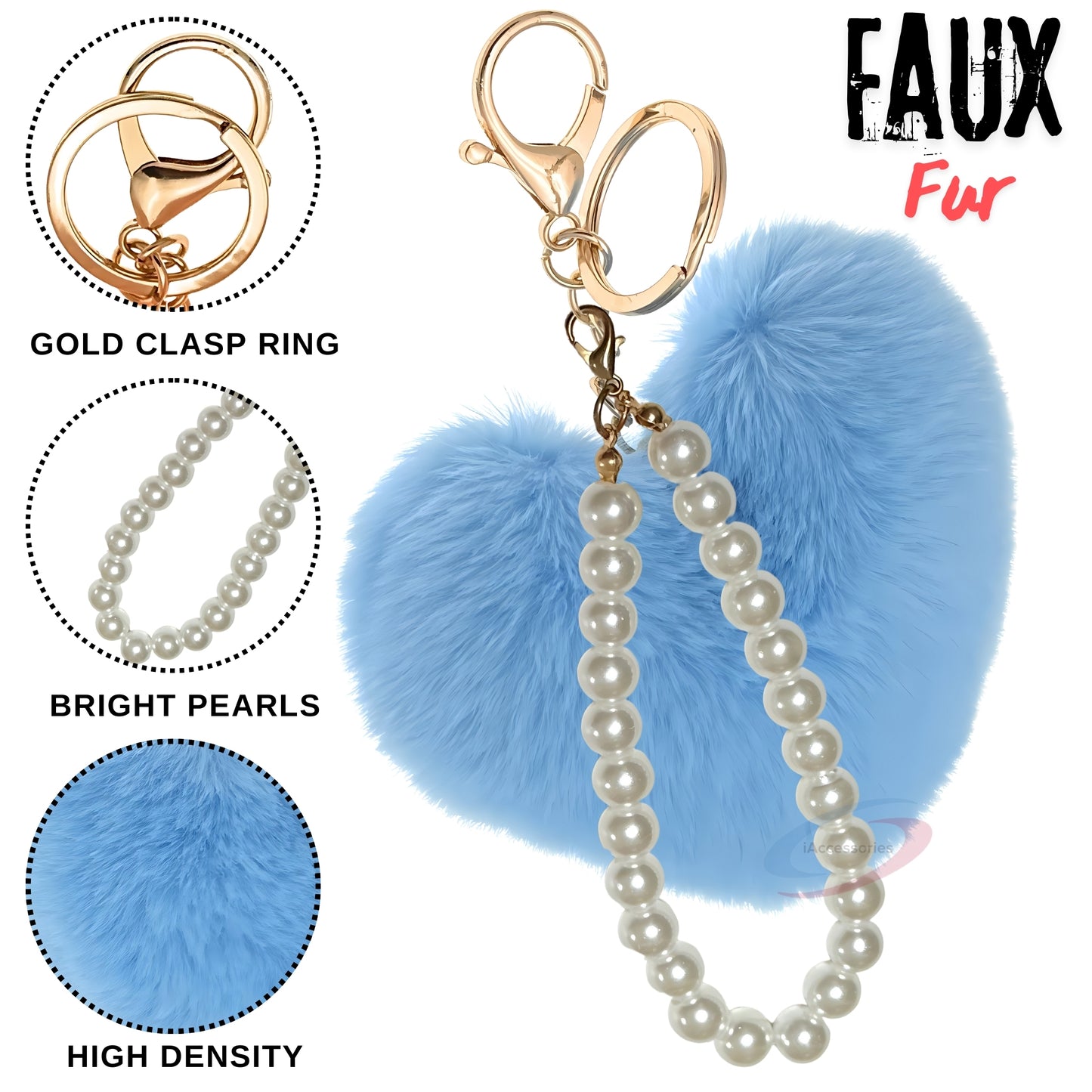 iAccessories Fluffy Faux Fur Soft Pompom Heart Keychain Charm with Pearls - Light Blue - iAccessories