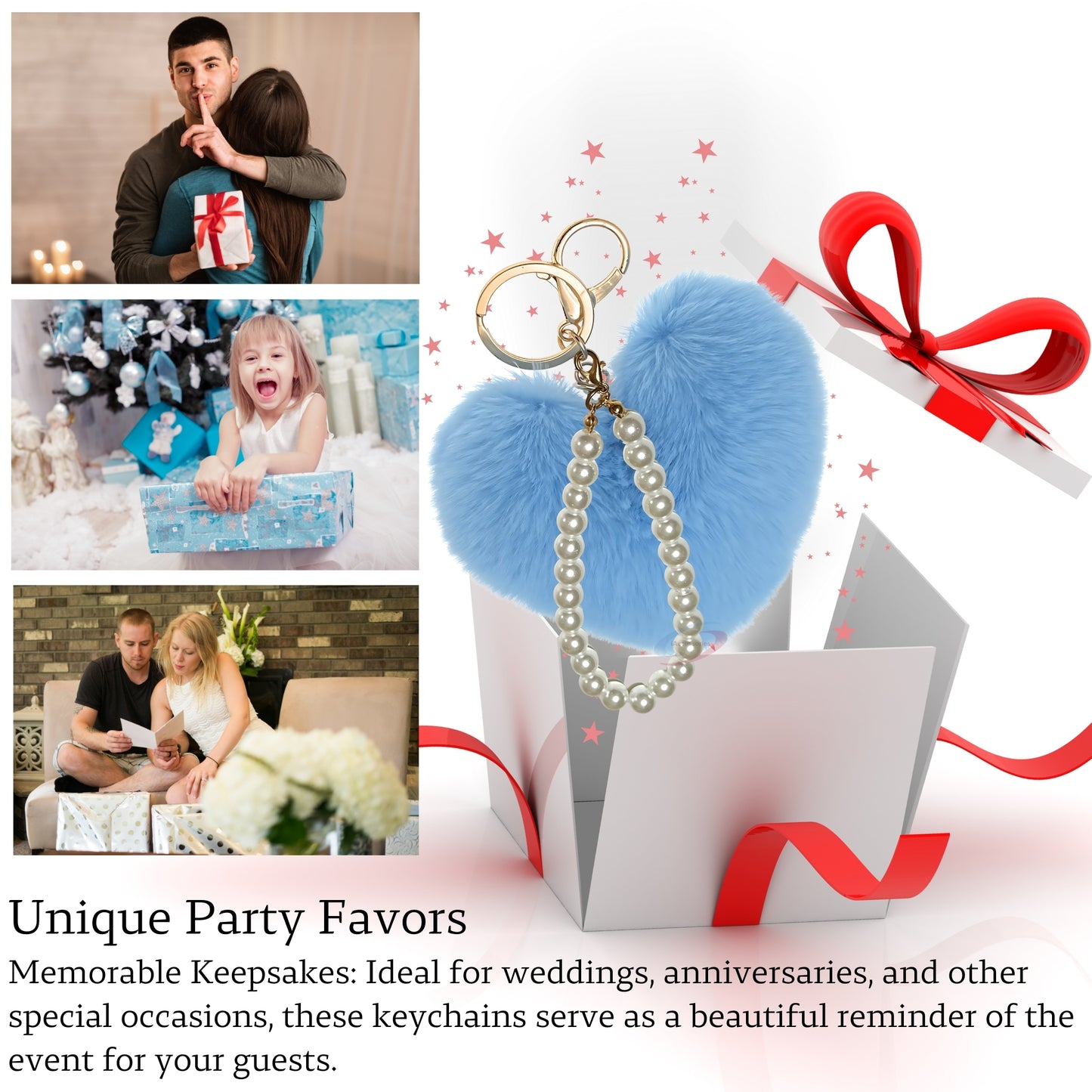 iAccessories Fluffy Faux Fur Soft Pompom Heart Keychain Charm with Pearls - Light Blue - iAccessories