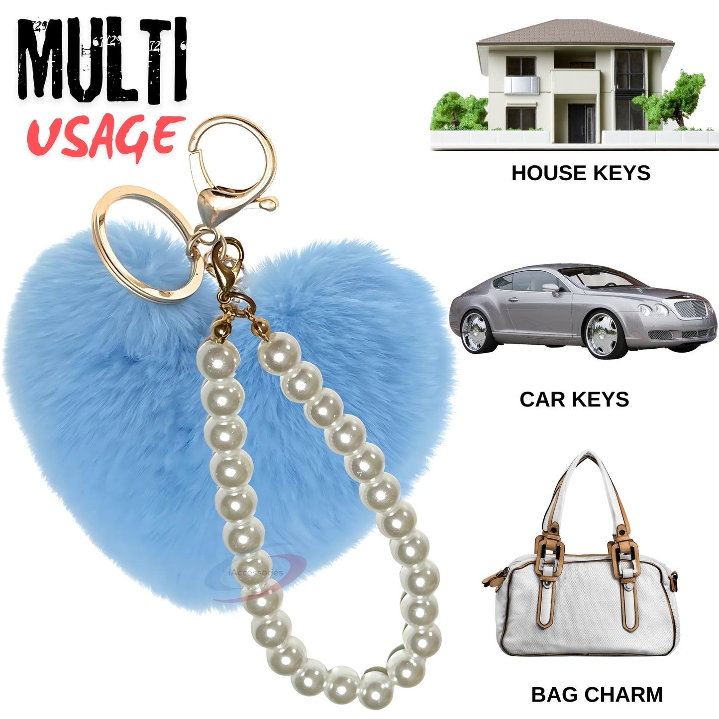 iAccessories Fluffy Faux Fur Soft Pompom Heart Keychain Charm with Pearls - Light Blue - iAccessories