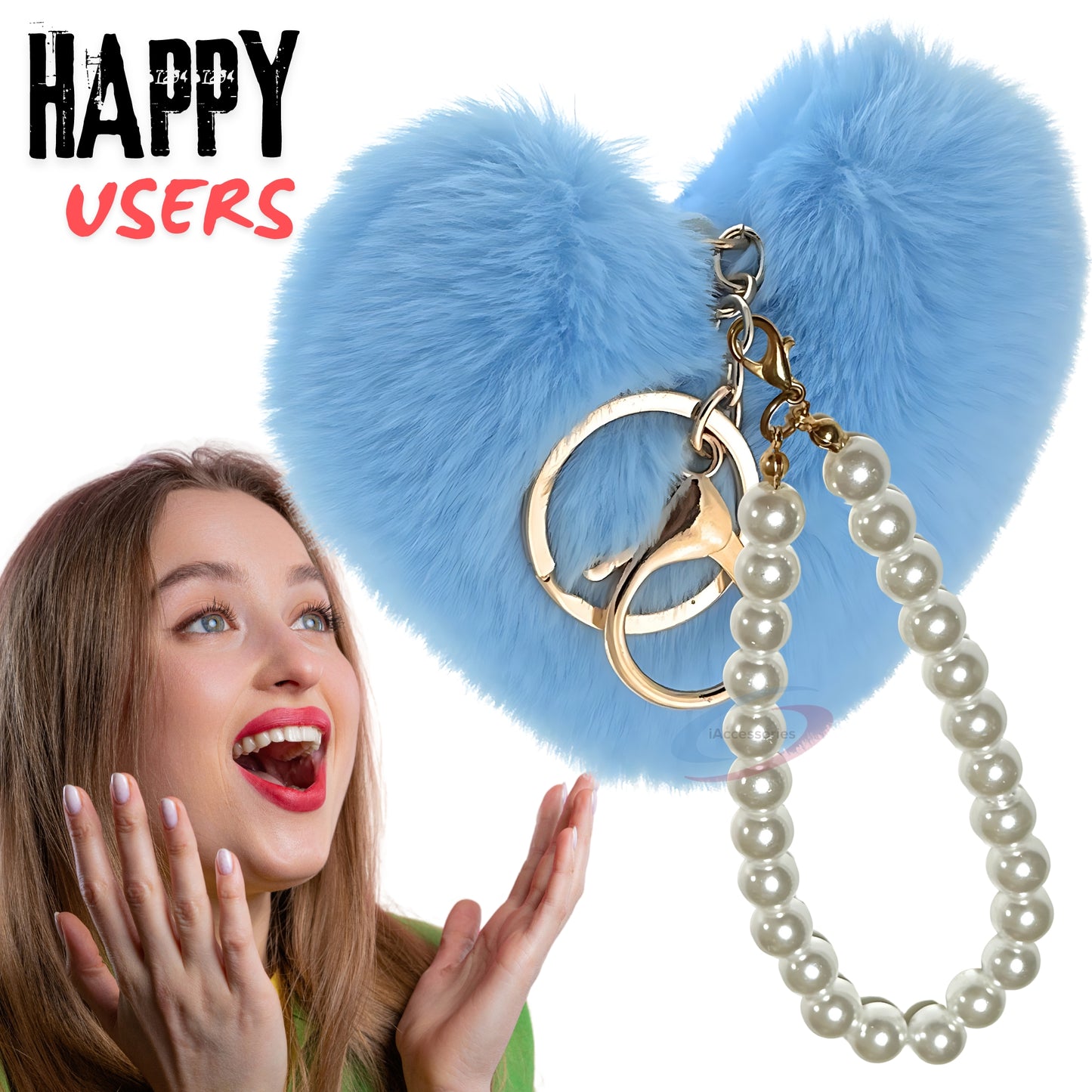 iAccessories Fluffy Faux Fur Soft Pompom Heart Keychain Charm with Pearls - Light Blue - iAccessories