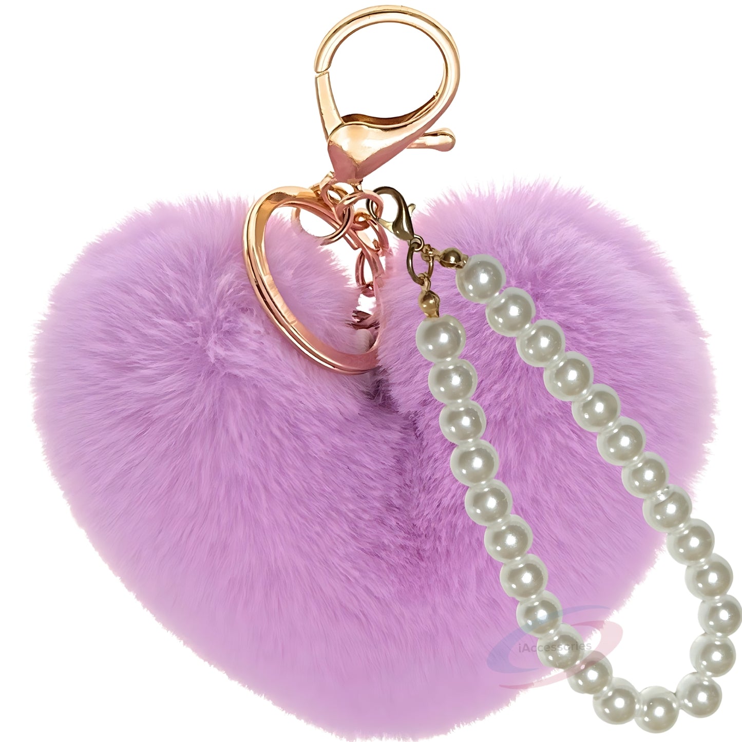 iAccessories Fluffy Faux Fur Soft Pompom Heart Keychain Charm with Pearls - Light Purple - iAccessories