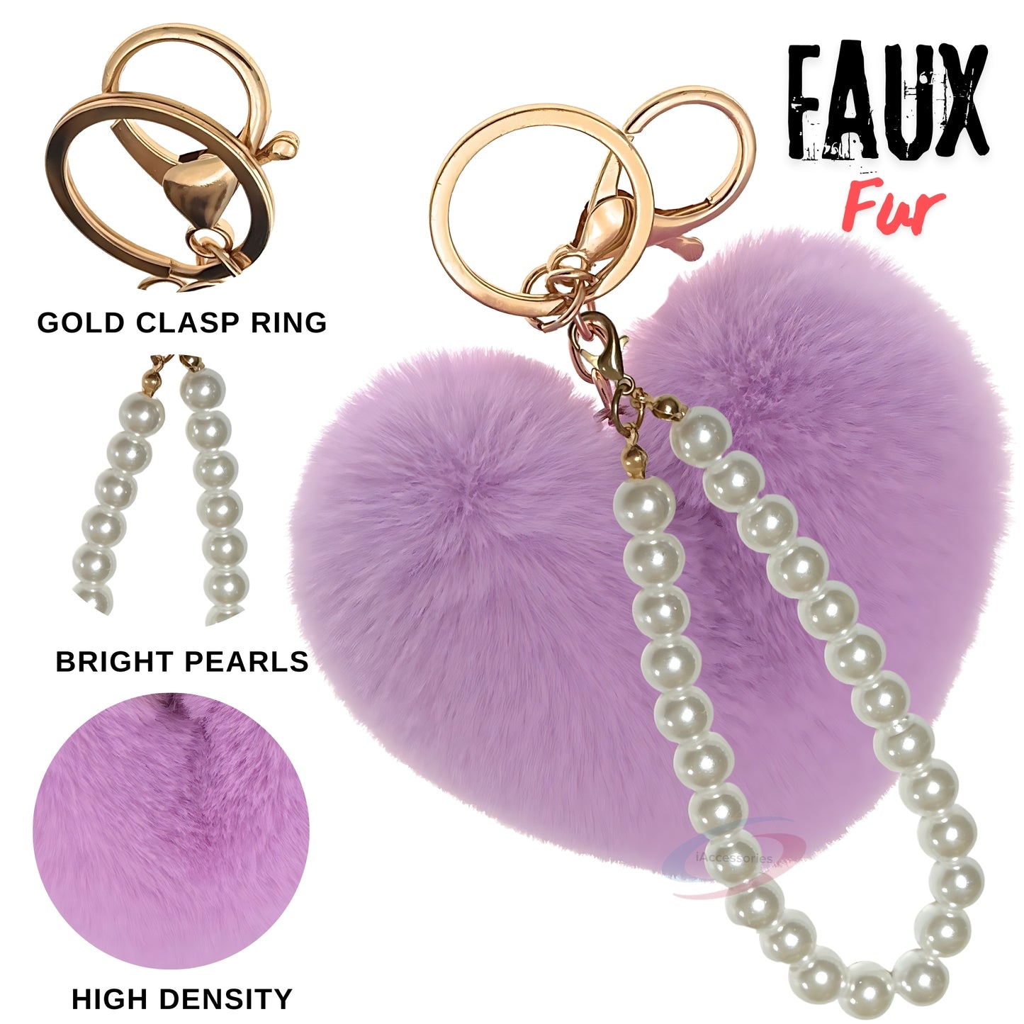 iAccessories Fluffy Faux Fur Soft Pompom Heart Keychain Charm with Pearls - Light Purple - iAccessories