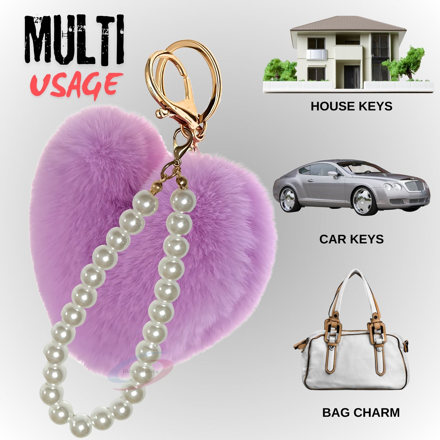 iAccessories Fluffy Faux Fur Soft Pompom Heart Keychain Charm with Pearls - Light Purple - iAccessories