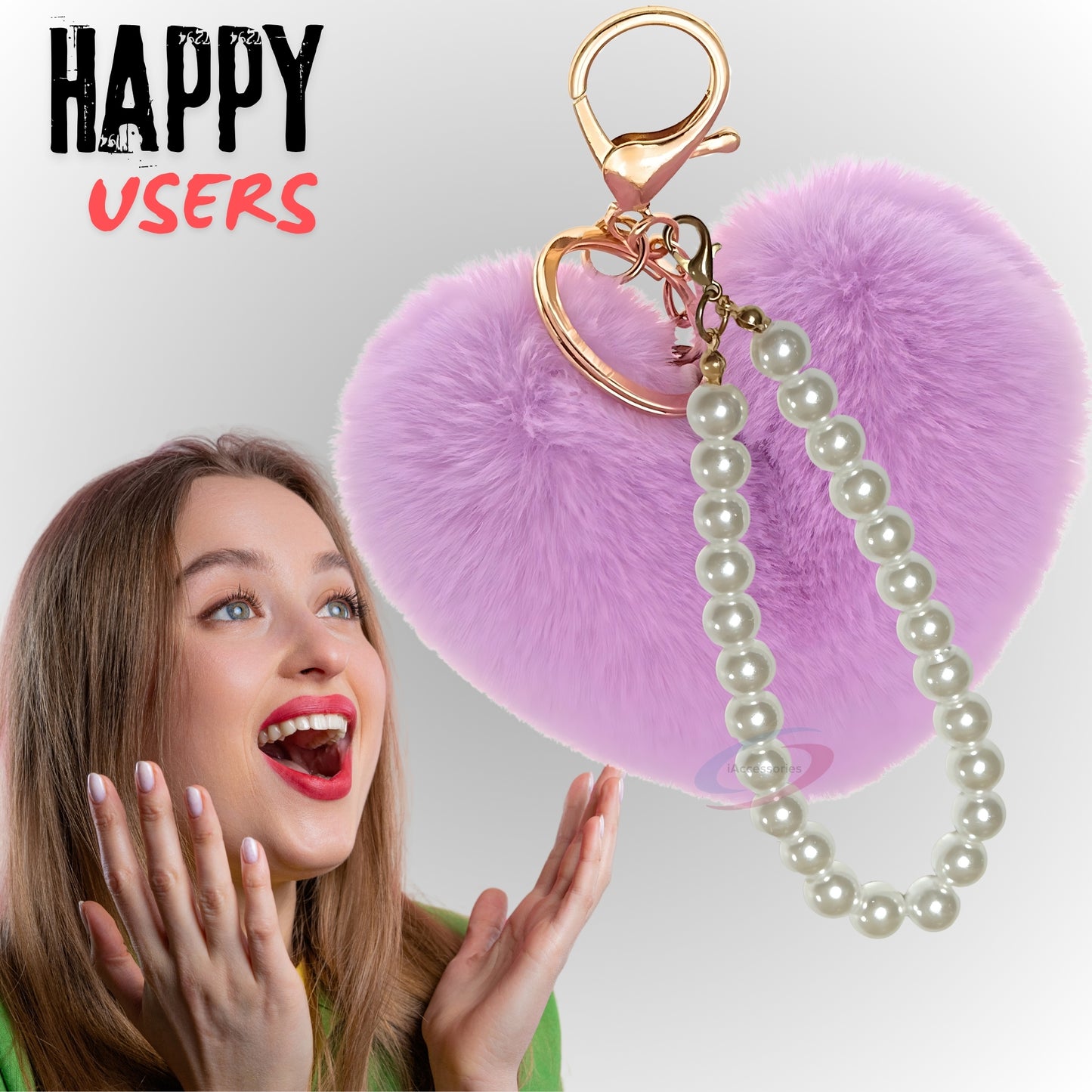 iAccessories Fluffy Faux Fur Soft Pompom Heart Keychain Charm with Pearls - Light Purple - iAccessories
