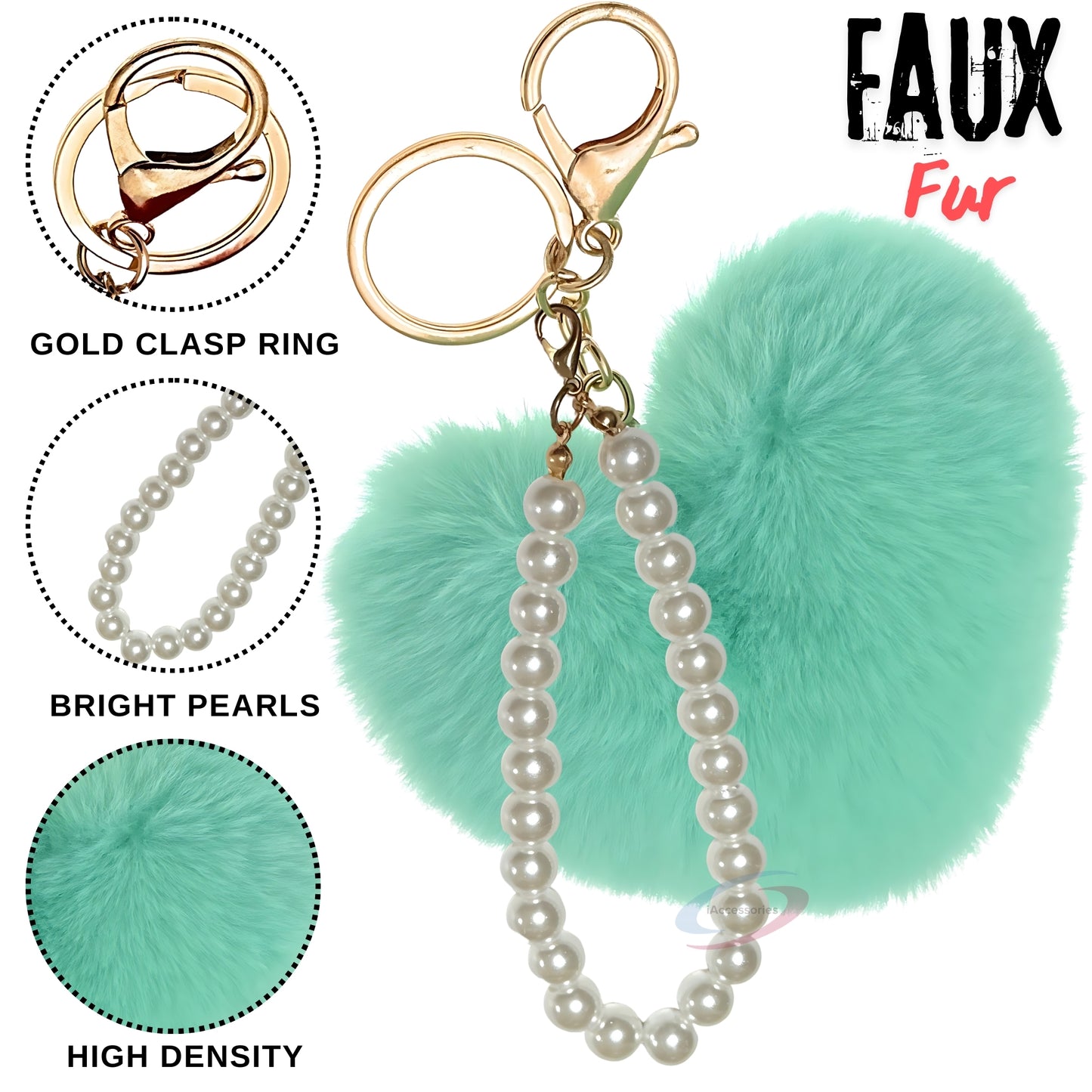 iAccessories Fluffy Faux Fur Soft Pompom Heart Keychain Charm with Pearls - Mint Green - iAccessories