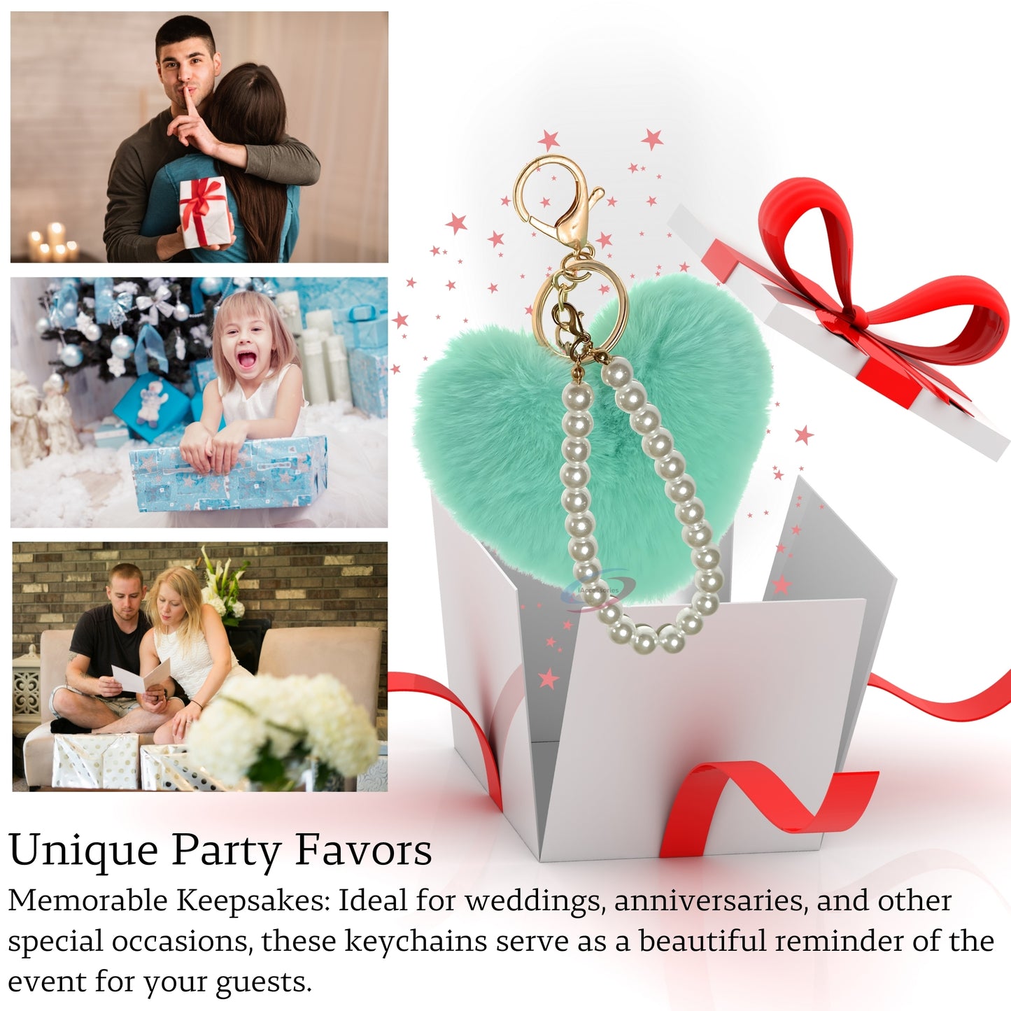 iAccessories Fluffy Faux Fur Soft Pompom Heart Keychain Charm with Pearls - Mint Green - iAccessories