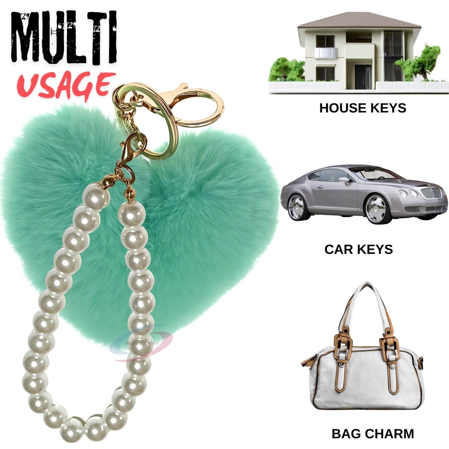 iAccessories Fluffy Faux Fur Soft Pompom Heart Keychain Charm with Pearls - Mint Green - iAccessories