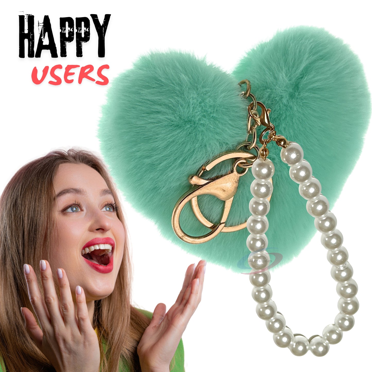 iAccessories Fluffy Faux Fur Soft Pompom Heart Keychain Charm with Pearls - Mint Green - iAccessories
