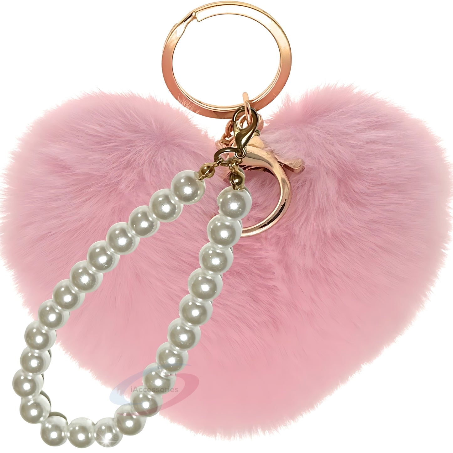 iAccessories Fluffy Faux Fur Soft Pompom Heart Keychain Charm with Pearls - Pink - iAccessories