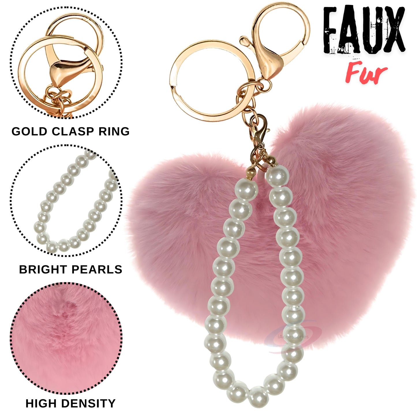 iAccessories Fluffy Faux Fur Soft Pompom Heart Keychain Charm with Pearls - Pink - iAccessories