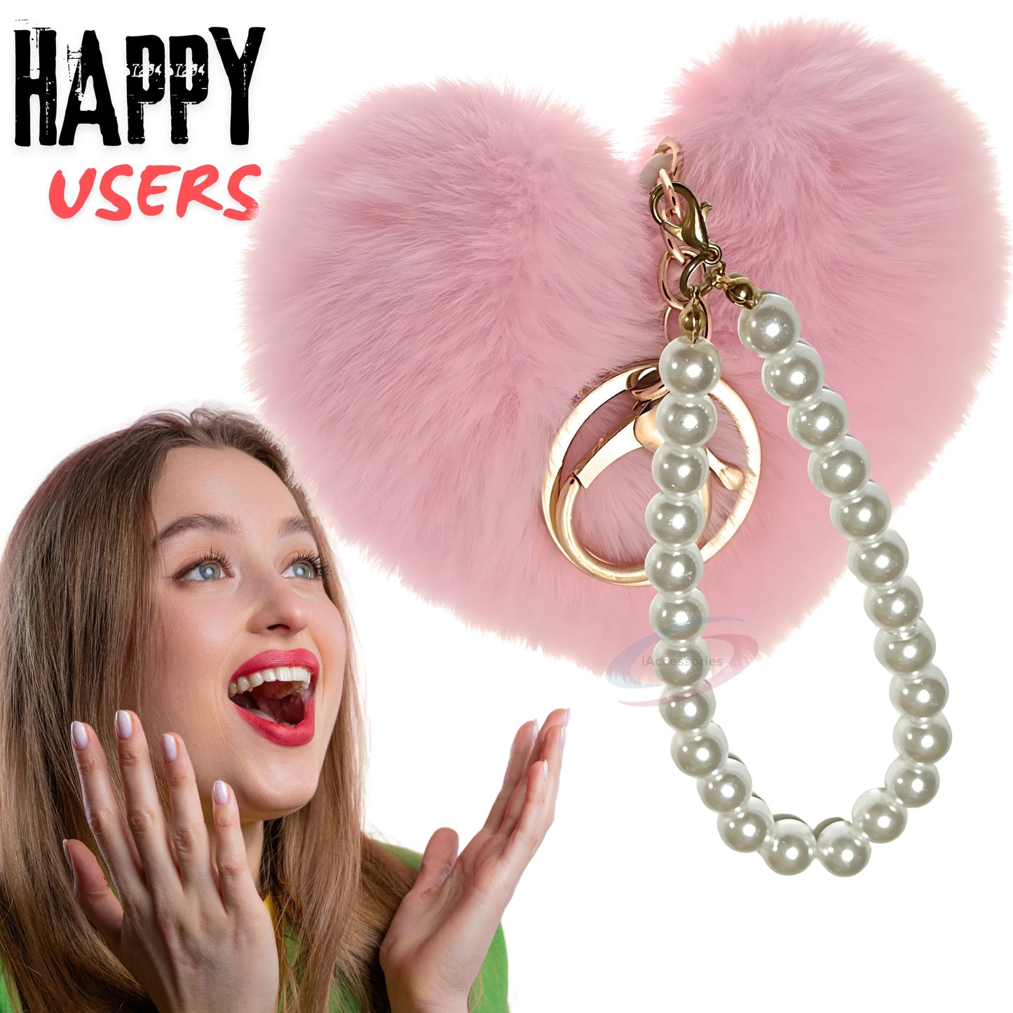 iAccessories Fluffy Faux Fur Soft Pompom Heart Keychain Charm with Pearls - Pink - iAccessories