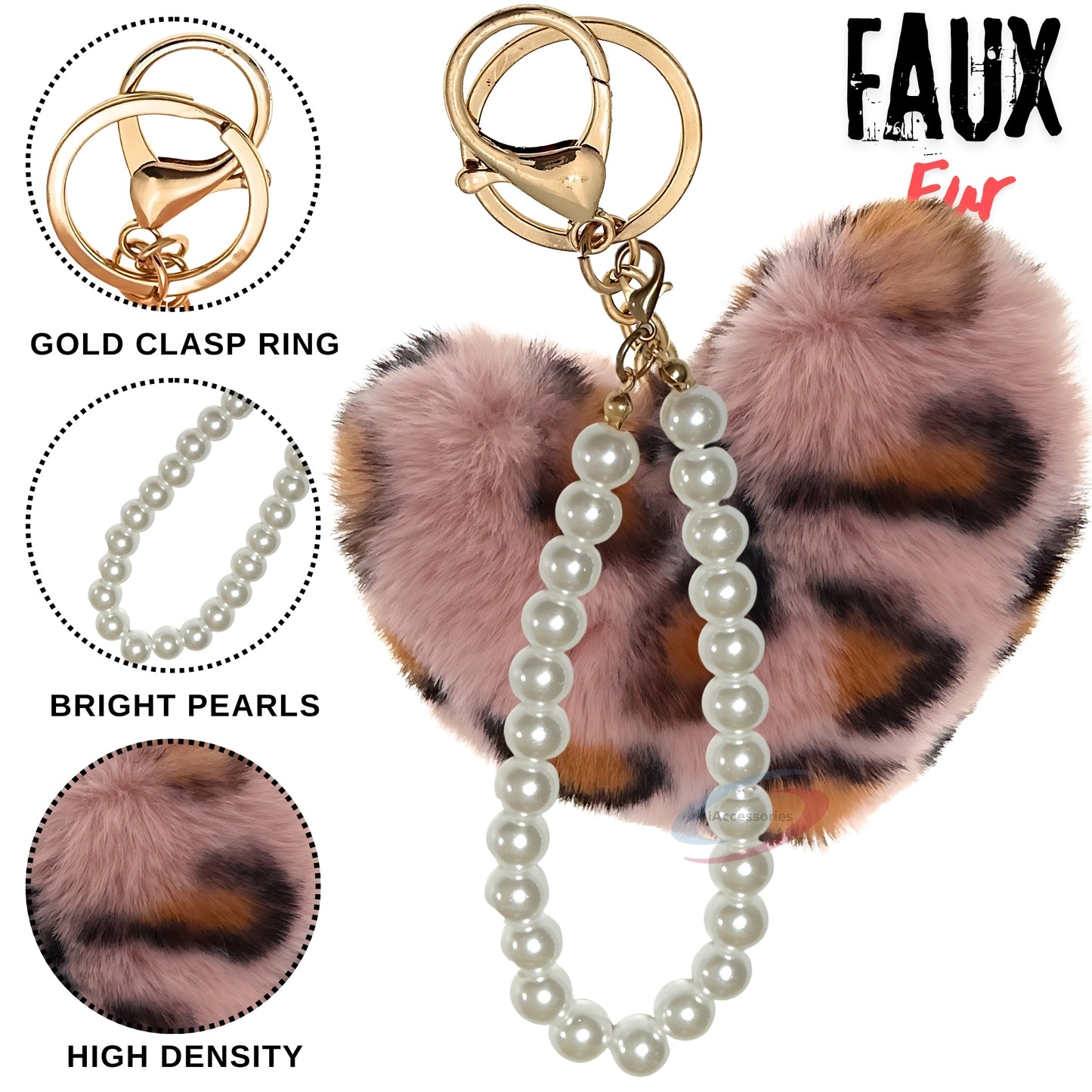 iAccessories Fluffy Faux Fur Soft Pompom Heart Keychain Charm with Pearls - Pink Lepo - iAccessories