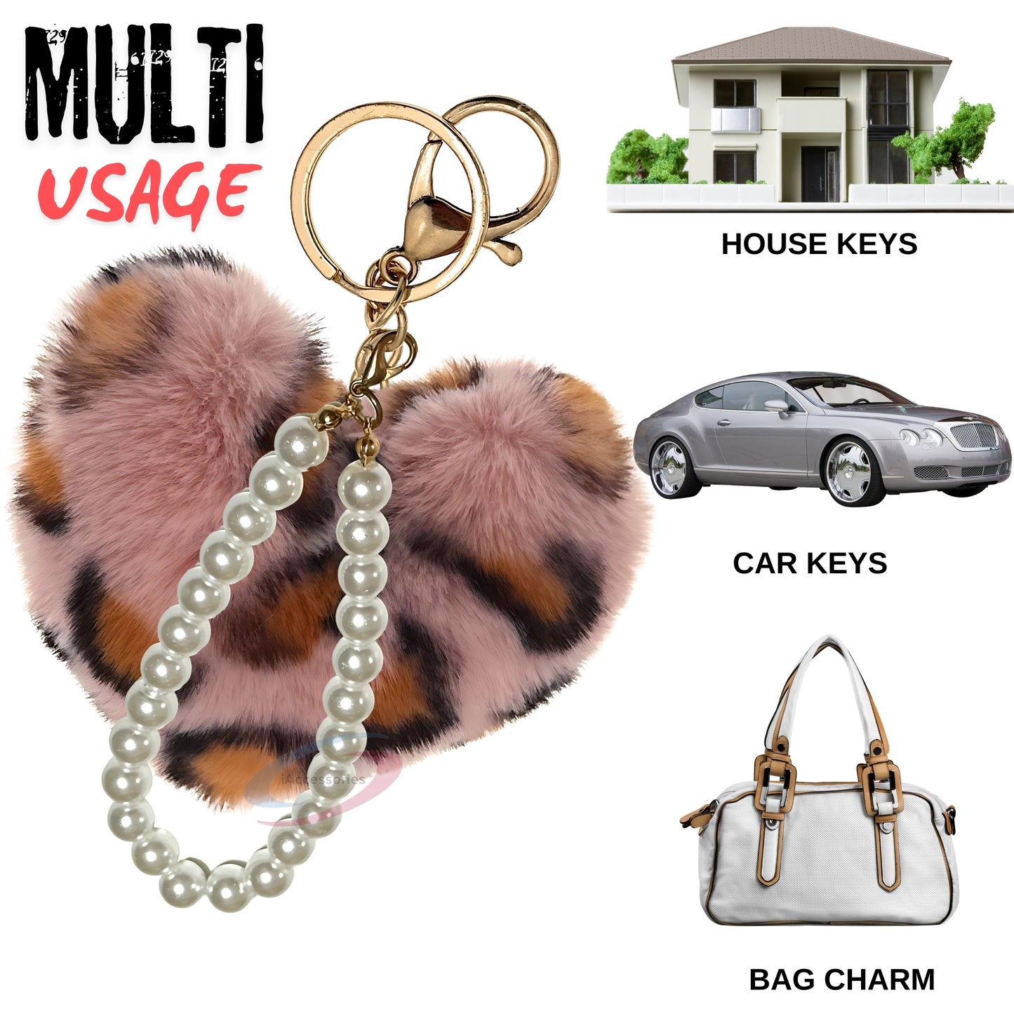 iAccessories Fluffy Faux Fur Soft Pompom Heart Keychain Charm with Pearls - Pink Lepo - iAccessories