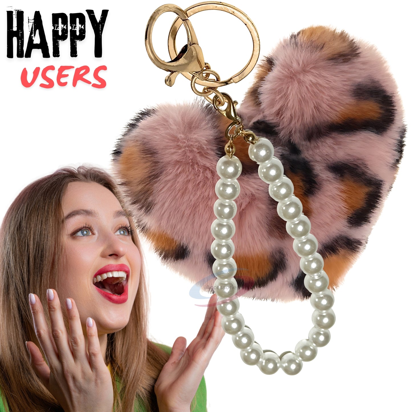 iAccessories Fluffy Faux Fur Soft Pompom Heart Keychain Charm with Pearls - Pink Lepo - iAccessories