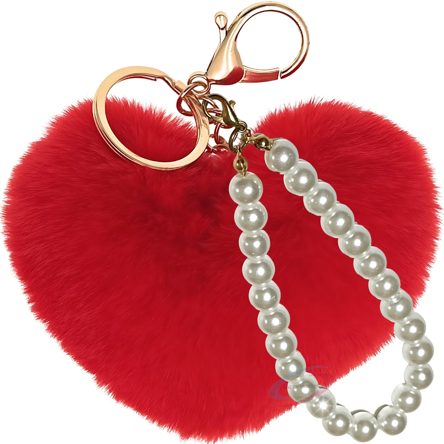 iAccessories Fluffy Faux Fur Soft Pompom Heart Keychain Charm with Pearls - Red - iAccessories