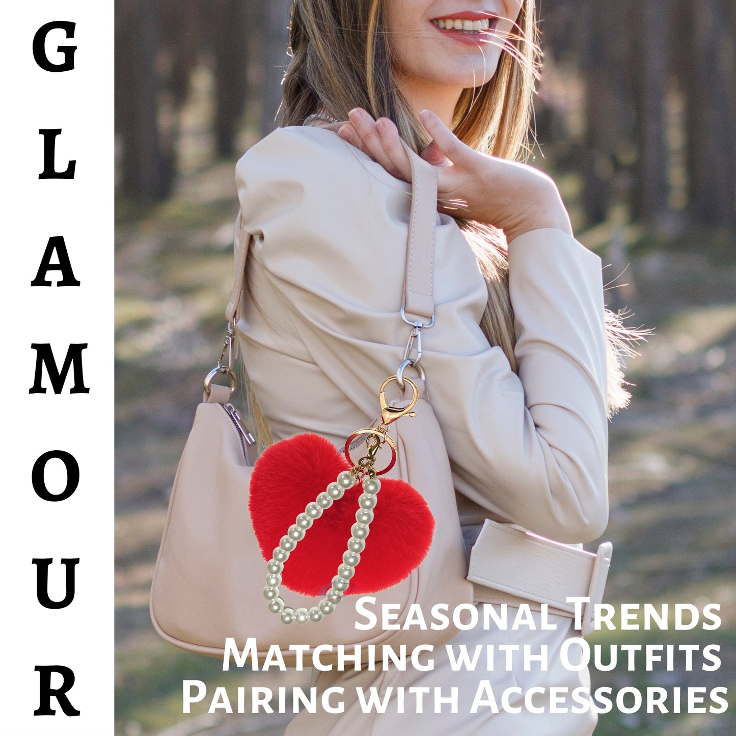 iAccessories Fluffy Faux Fur Soft Pompom Heart Keychain Charm with Pearls - Red - iAccessories