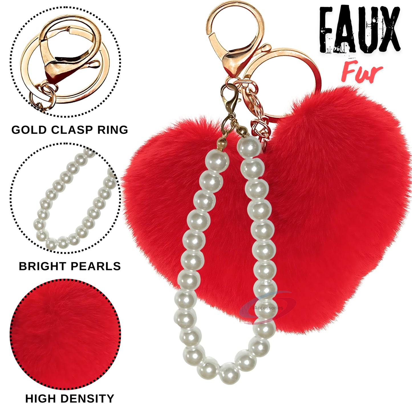 iAccessories Fluffy Faux Fur Soft Pompom Heart Keychain Charm with Pearls - Red - iAccessories