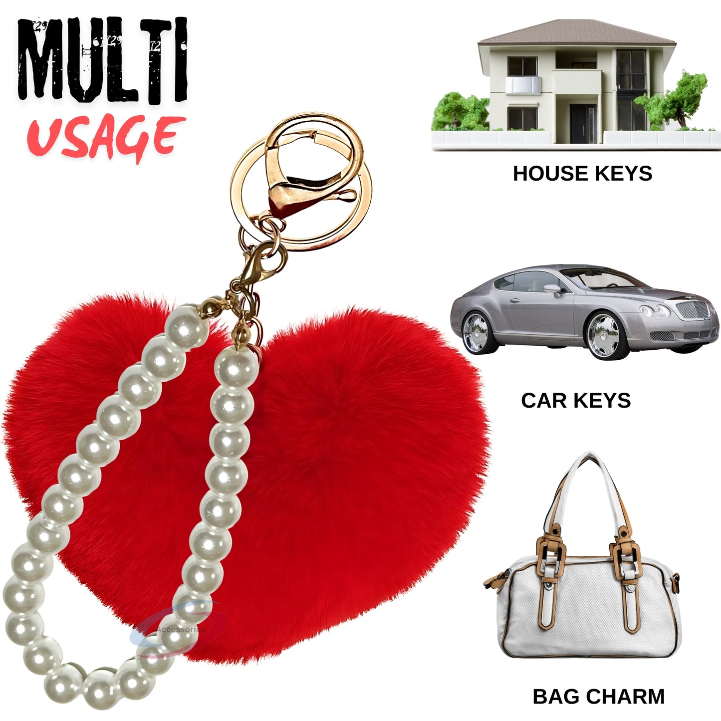 iAccessories Fluffy Faux Fur Soft Pompom Heart Keychain Charm with Pearls - Red - iAccessories