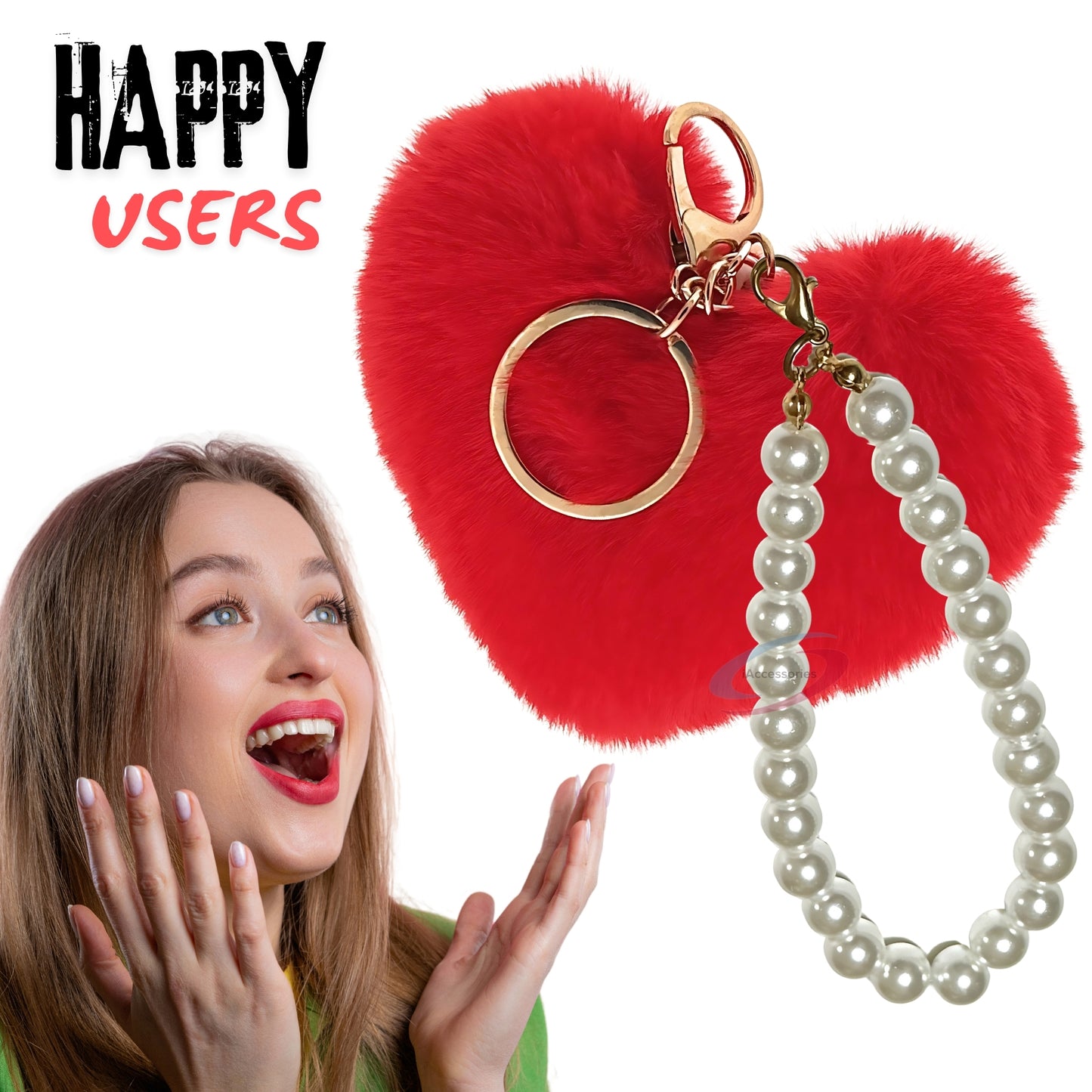 iAccessories Fluffy Faux Fur Soft Pompom Heart Keychain Charm with Pearls - Red - iAccessories