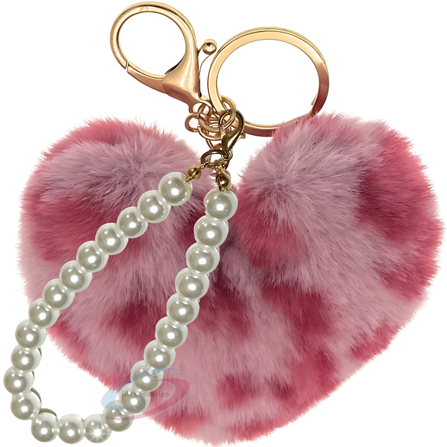 iAccessories Fluffy Faux Fur Soft Pompom Heart Keychain Charm with Pearls - Rose Pink Lepo - iAccessories
