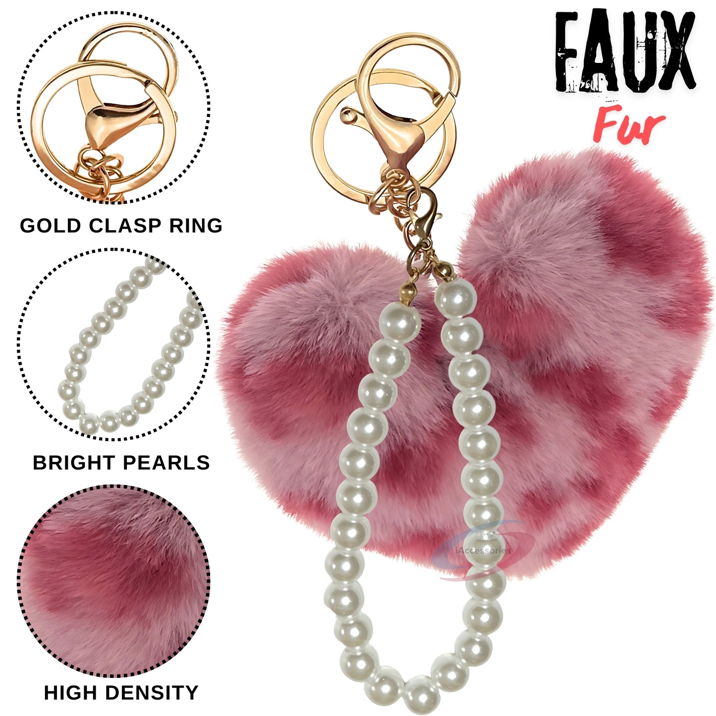 iAccessories Fluffy Faux Fur Soft Pompom Heart Keychain Charm with Pearls - Rose Pink Lepo - iAccessories
