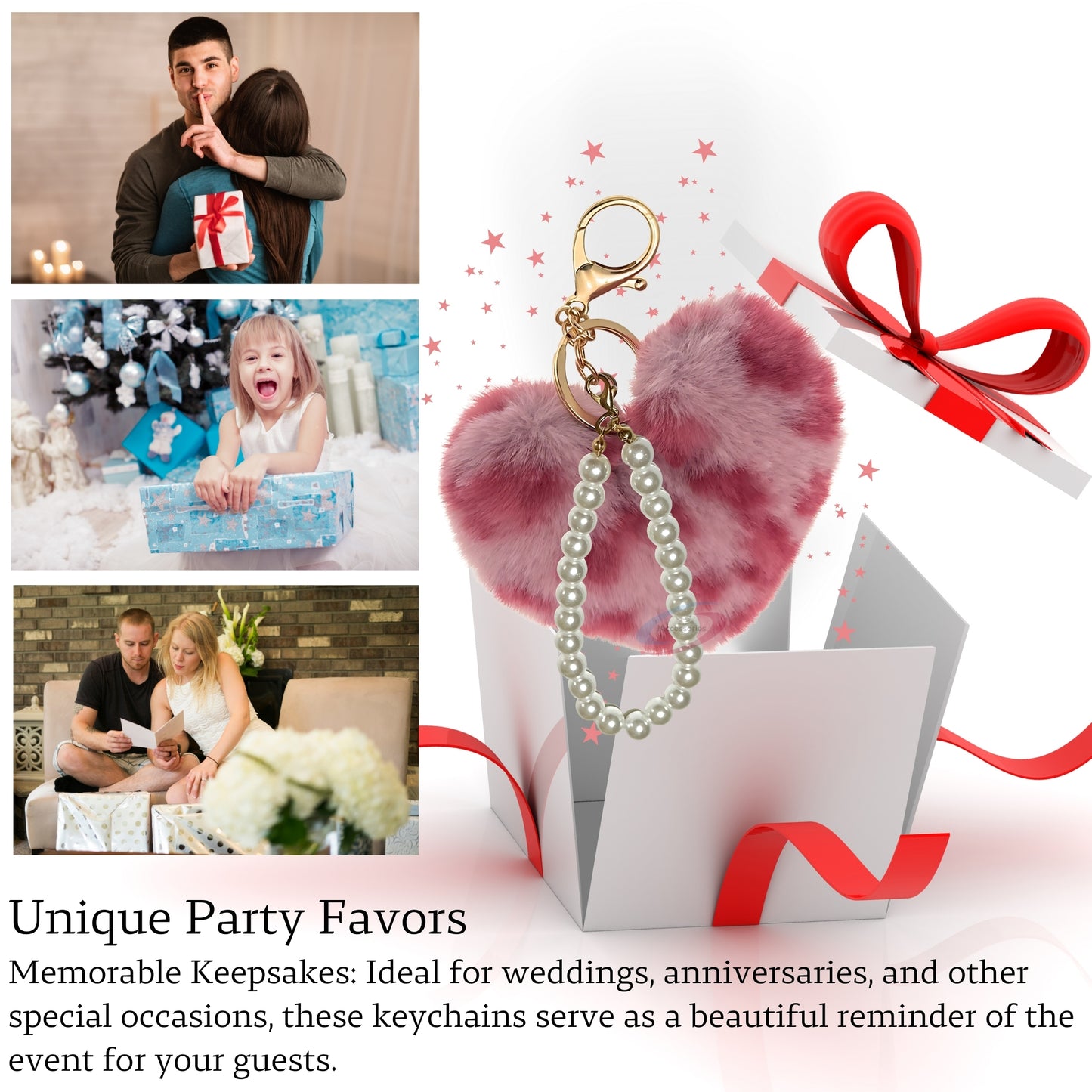 iAccessories Fluffy Faux Fur Soft Pompom Heart Keychain Charm with Pearls - Rose Pink Lepo - iAccessories