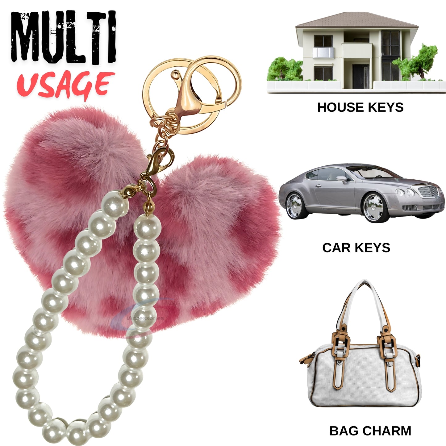 iAccessories Fluffy Faux Fur Soft Pompom Heart Keychain Charm with Pearls - Rose Pink Lepo - iAccessories