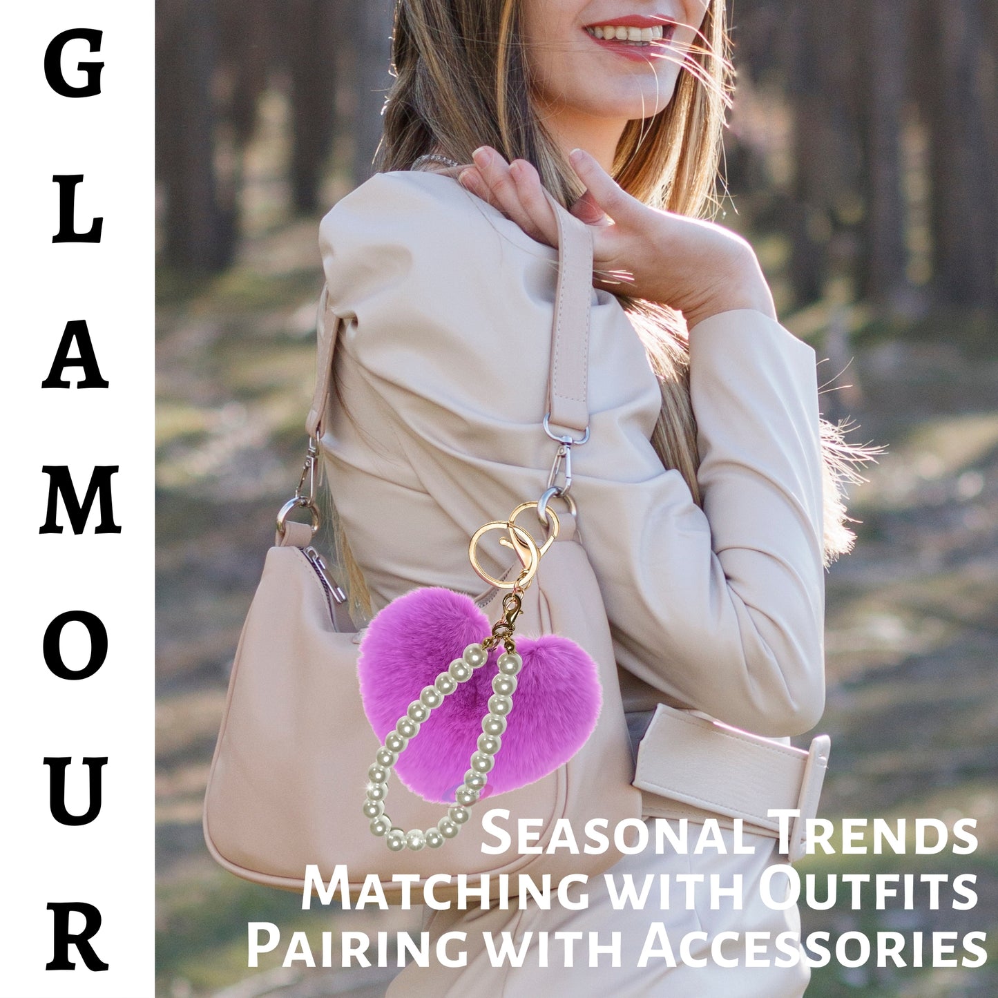 iAccessories Fluffy Faux Fur Soft Pompom Heart Keychain Charm with Pearls - Violet - iAccessories
