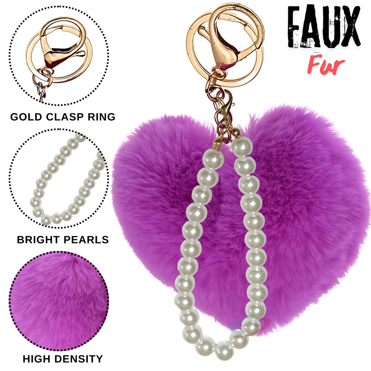 iAccessories Fluffy Faux Fur Soft Pompom Heart Keychain Charm with Pearls - Violet - iAccessories
