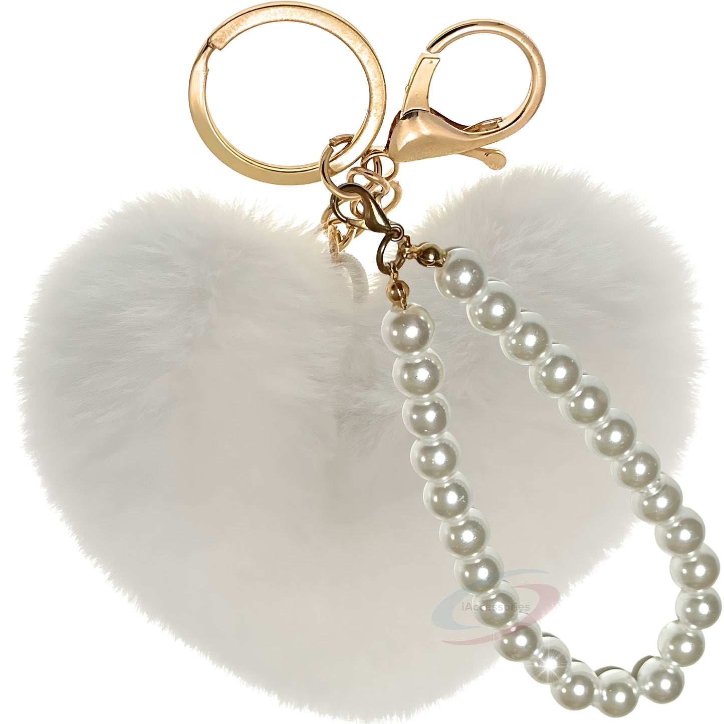 iAccessories Fluffy Faux Fur Soft Pompom Heart Keychain Charm with Pearls - White - iAccessories
