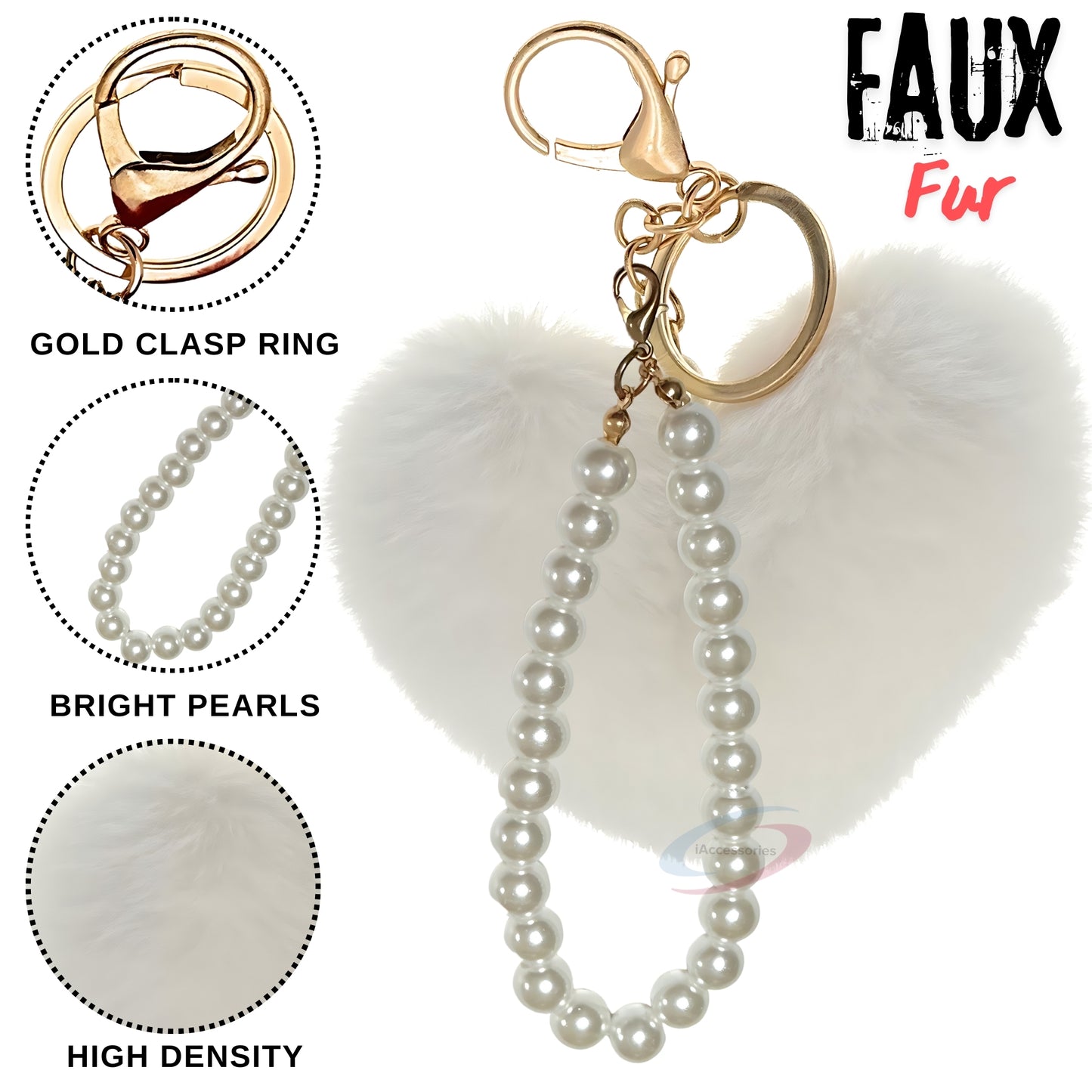 iAccessories Fluffy Faux Fur Soft Pompom Heart Keychain Charm with Pearls - White - iAccessories