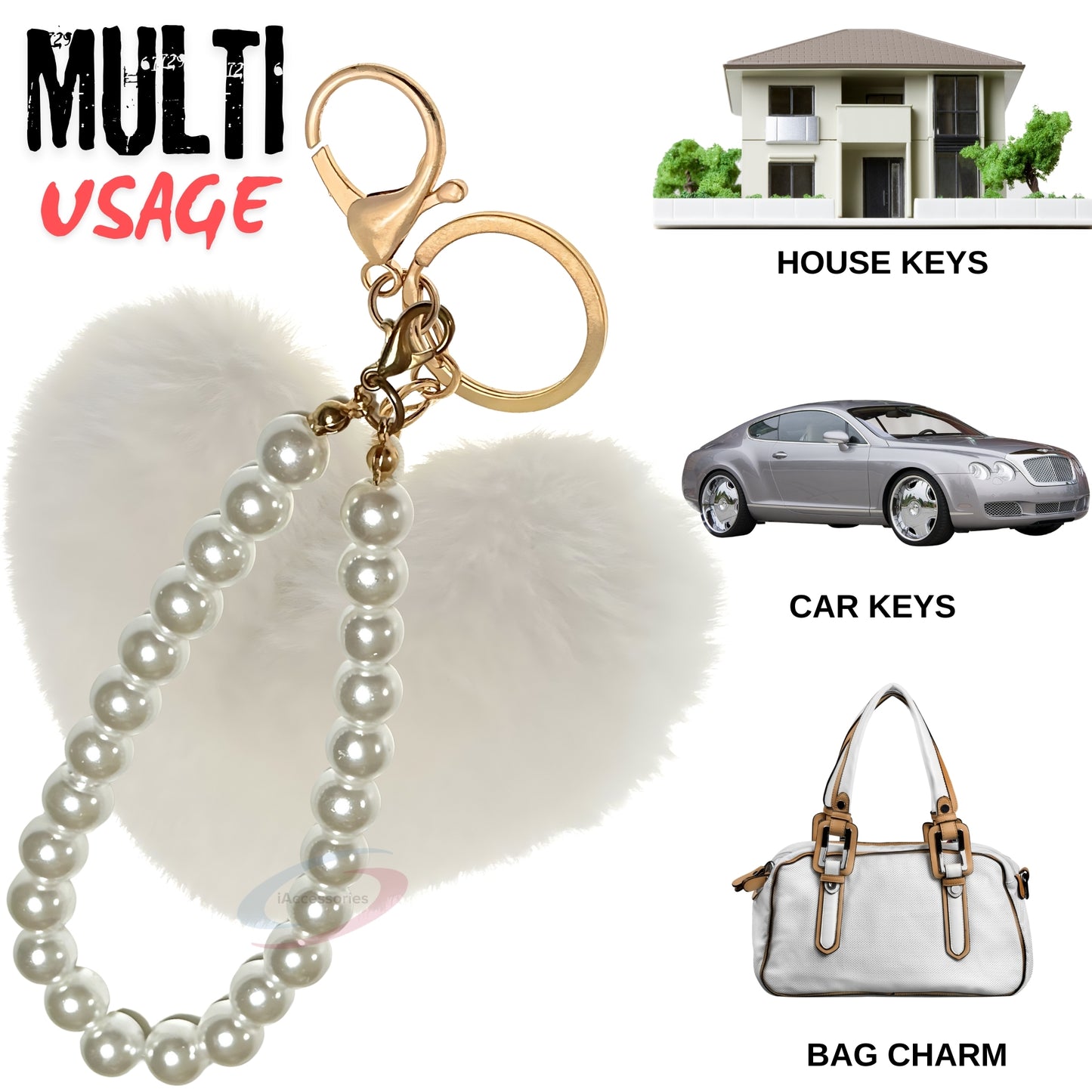 iAccessories Fluffy Faux Fur Soft Pompom Heart Keychain Charm with Pearls - White - iAccessories